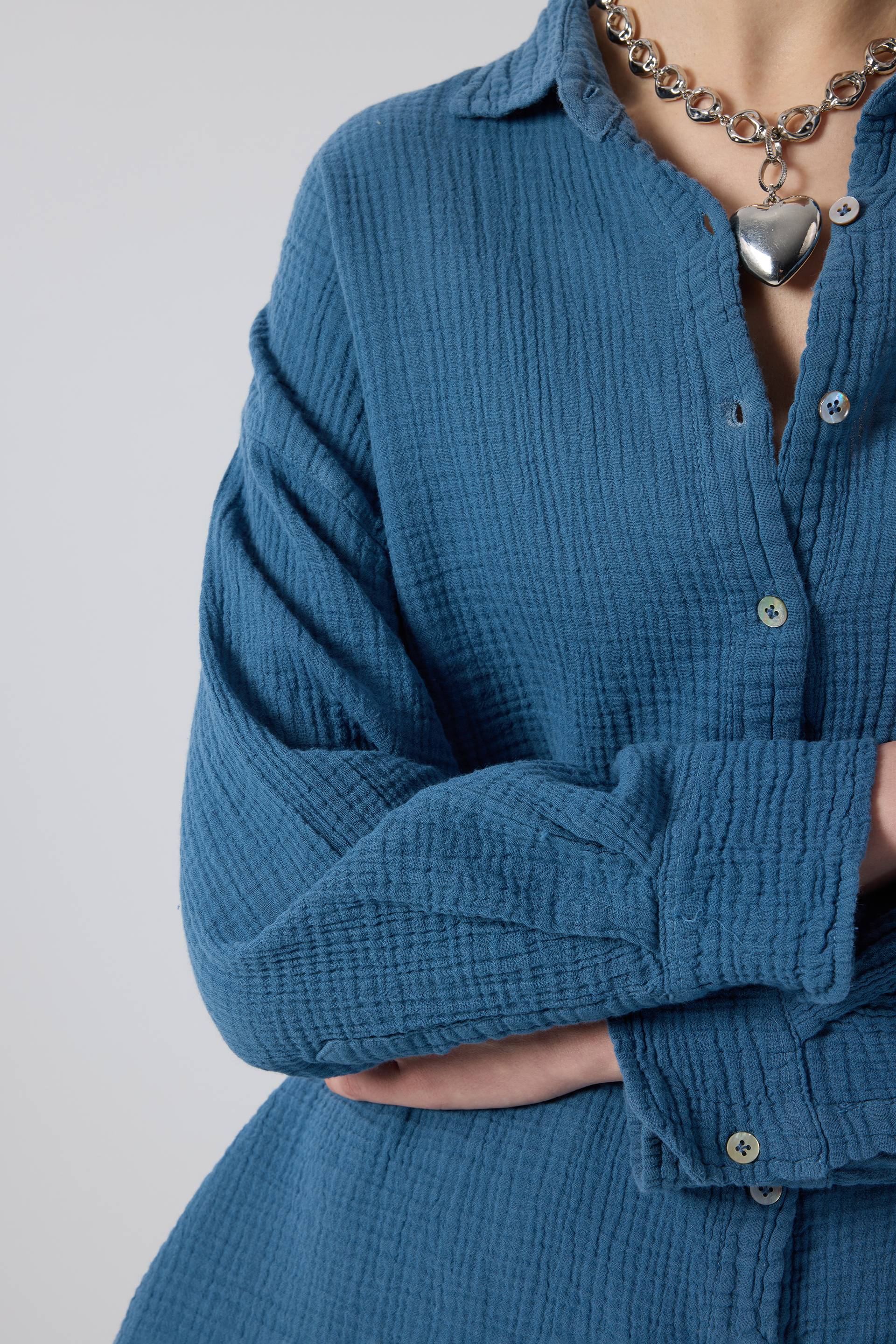 Oversize Müslin Kadın Gömlek #renk_Indigo