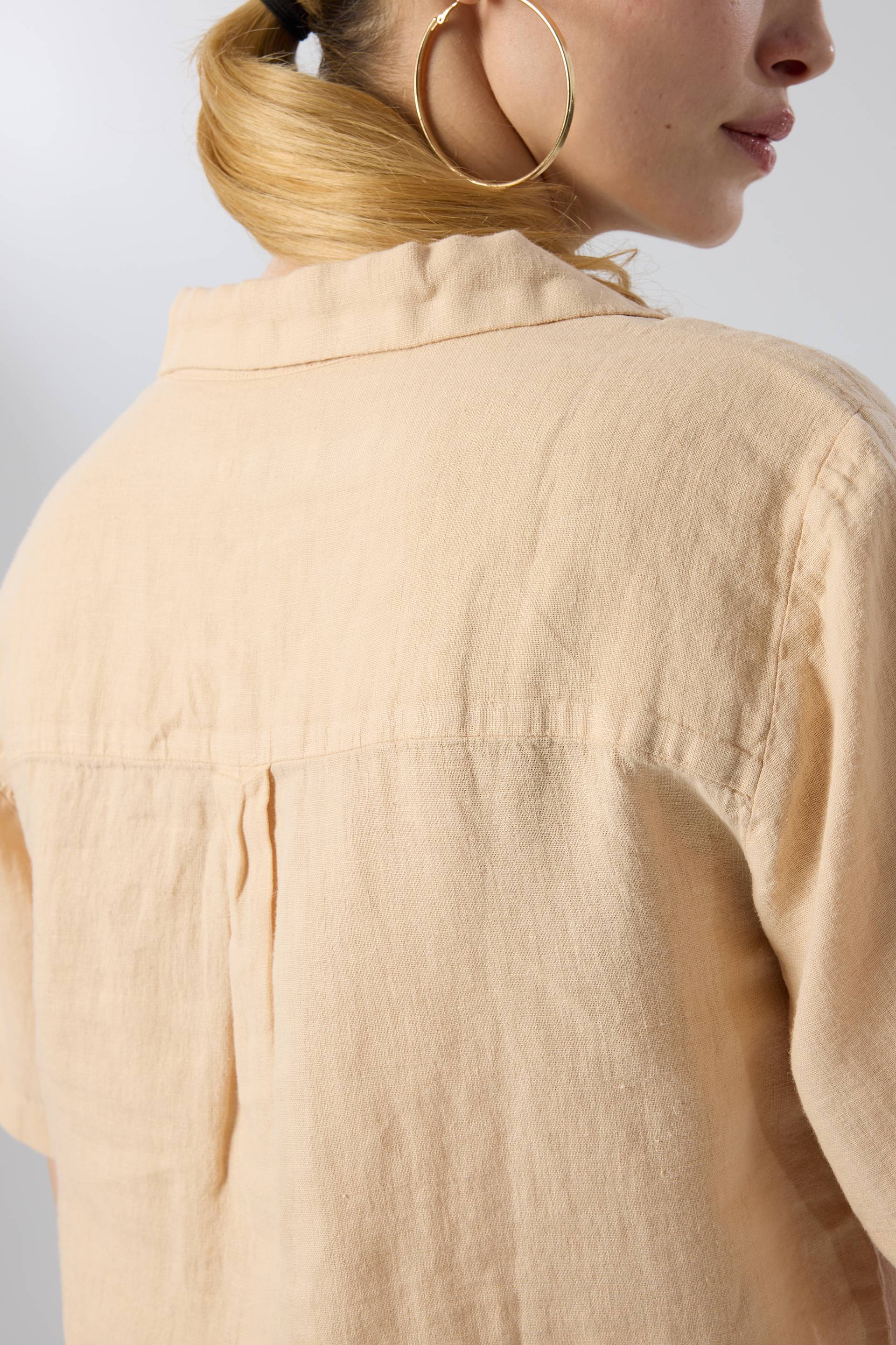 Yatık Yakalı Kısa Kollu Keten Kadın Gömlek #renk_Bej