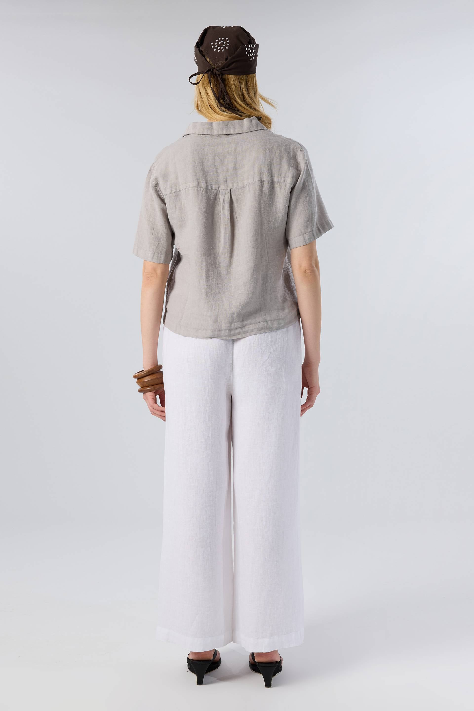 Yatık Yakalı Kısa Kollu Keten Kadın Gömlek #renk_Taş Gri