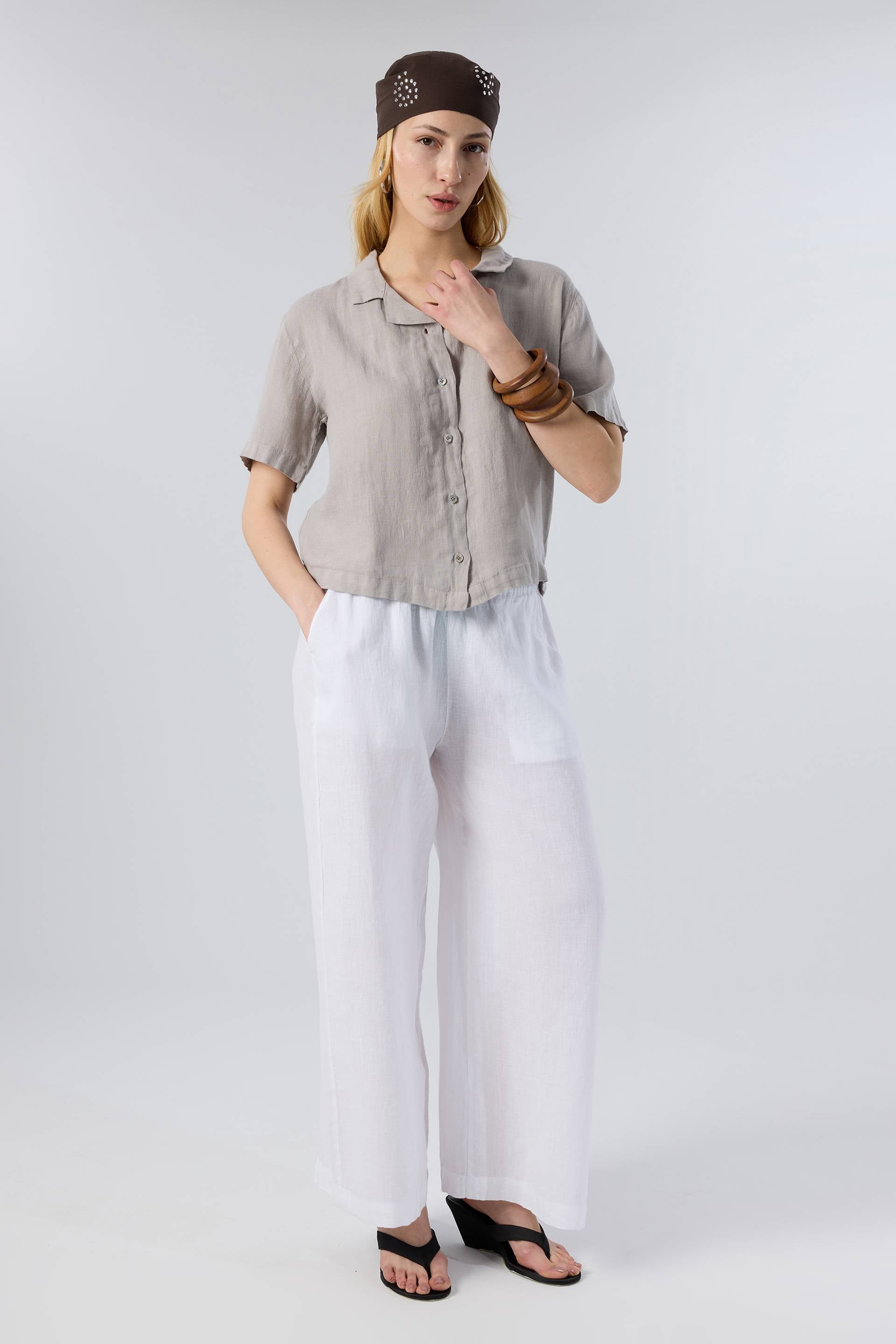 Yatık Yakalı Kısa Kollu Keten Kadın Gömlek #renk_Taş Gri