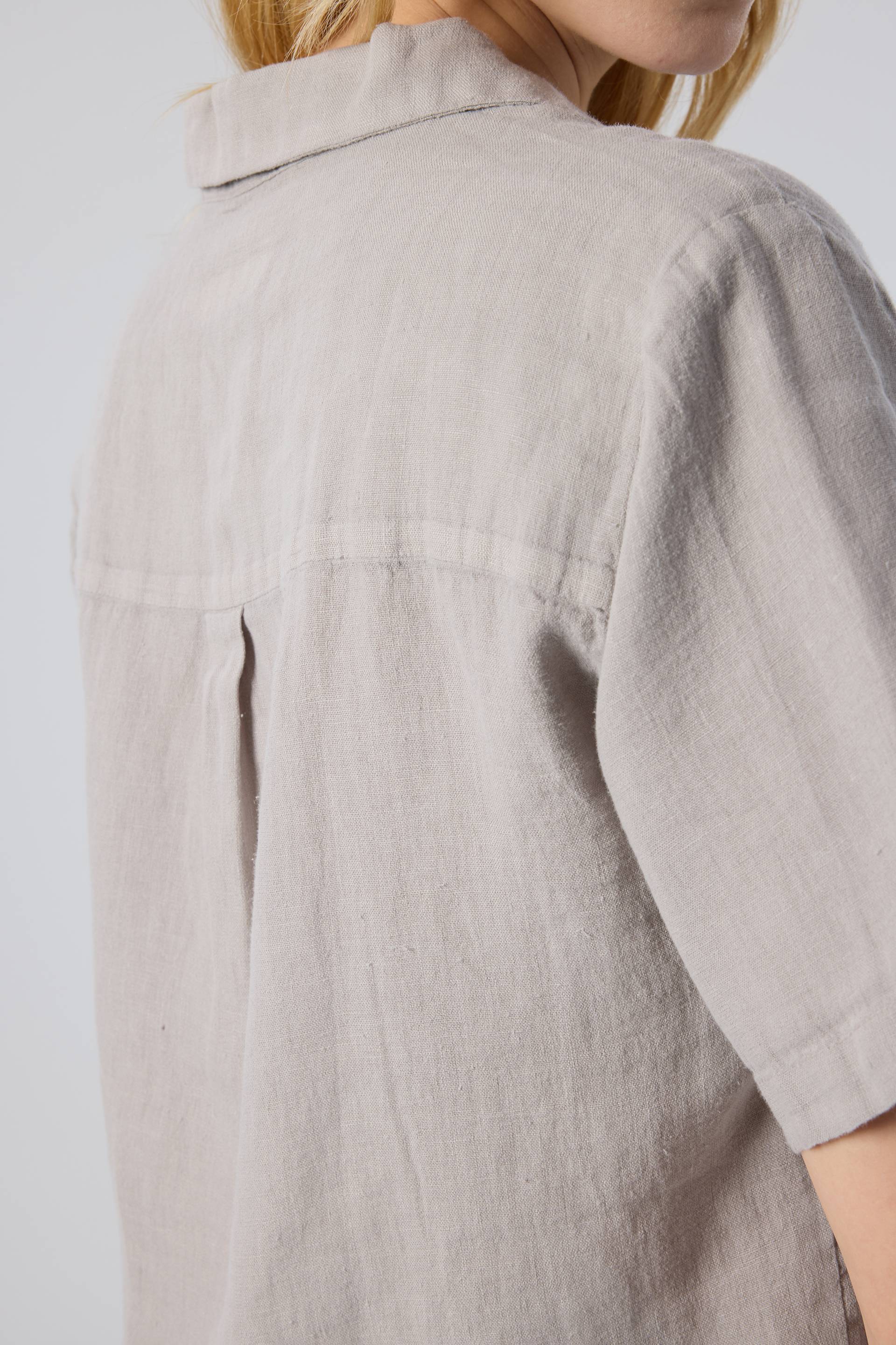 Yatık Yakalı Kısa Kollu Keten Kadın Gömlek #renk_Taş Gri