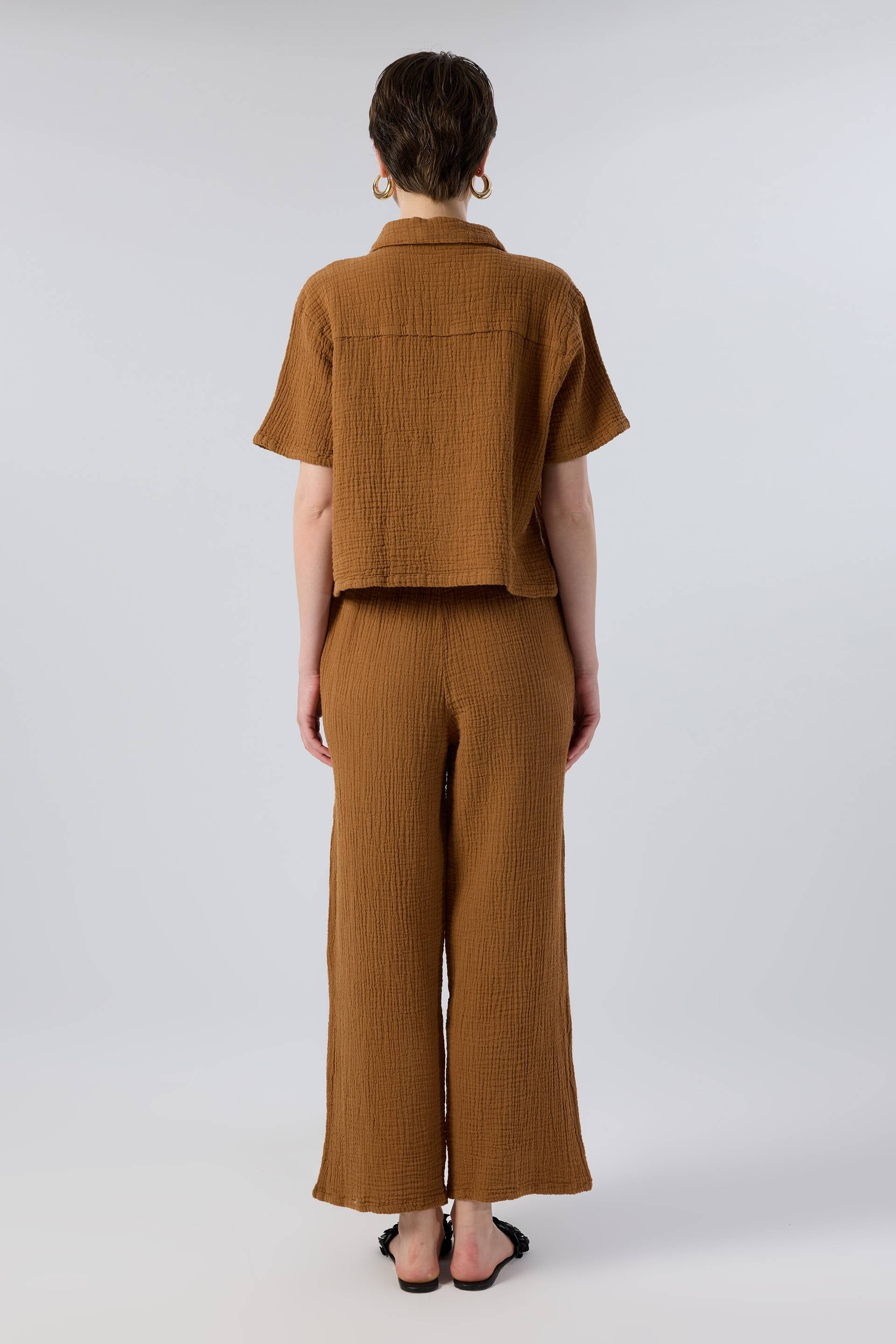 Kenevir Müslin Elastik Belli Bağcıklı Palazzo Kadın Pantolon #renk_Terra Cotta