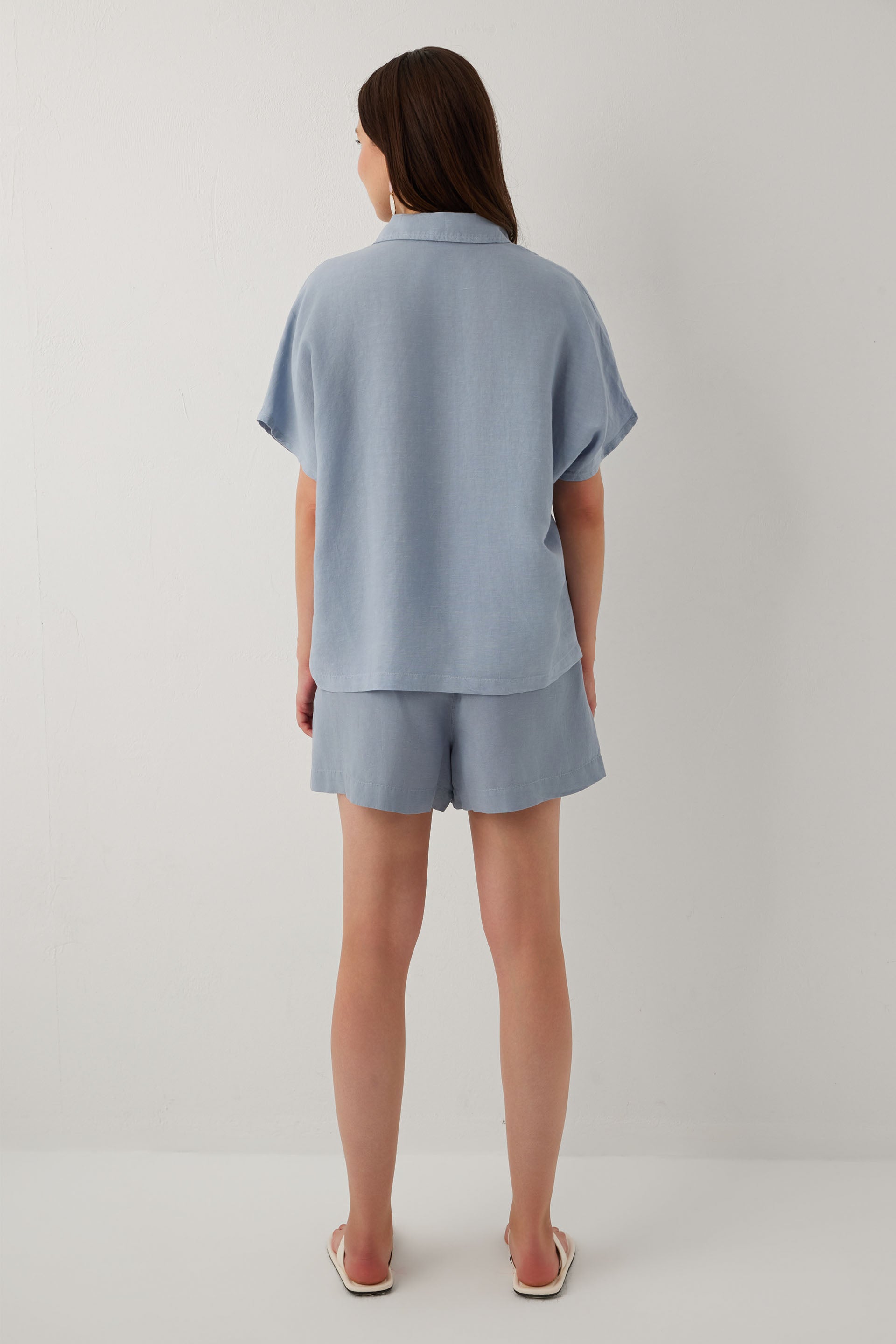 Linoflow Oversize Yarasa Kesim Kadın Tencel Keten Karışımlı Gömlek #renk_Buz Mavi