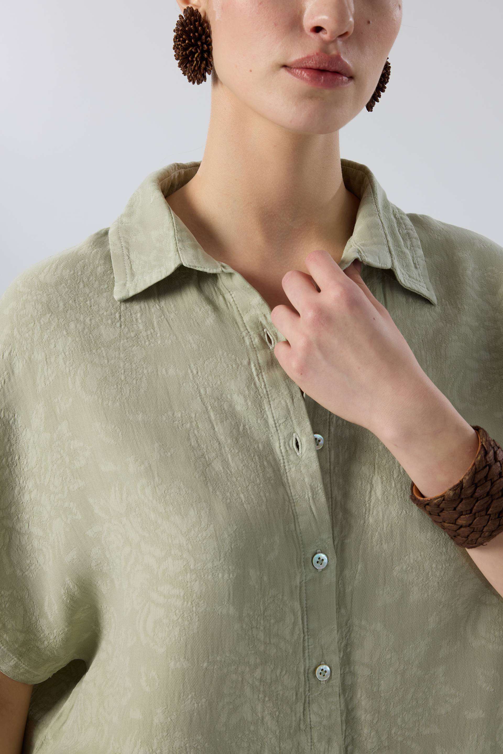 Woven Flora Dokulu Tensel Oversize Gömlek #renk_Ada Çayı