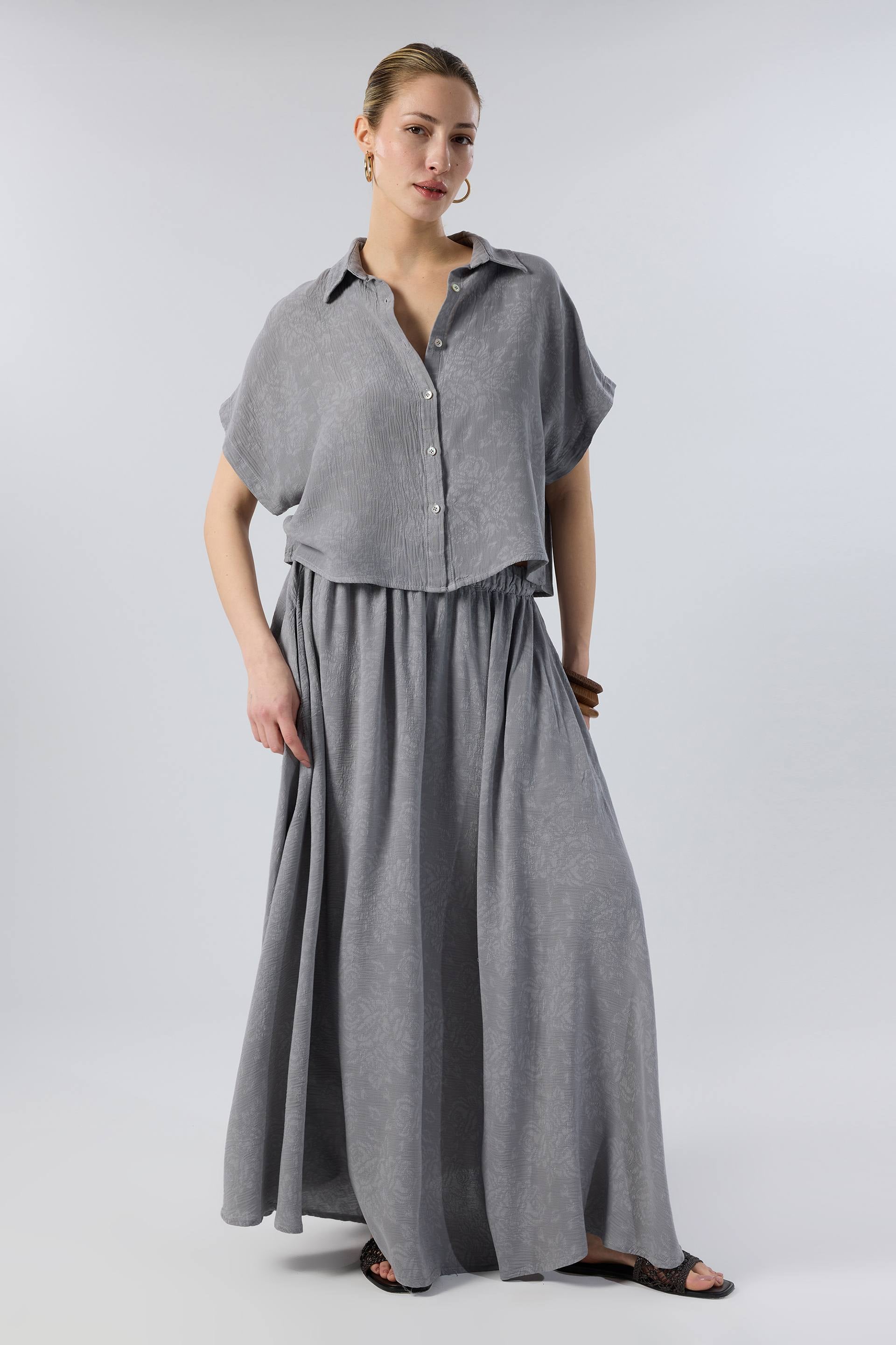 Woven Flora Dokulu Tensel Oversize Gömlek Etek #renk_Antrasit