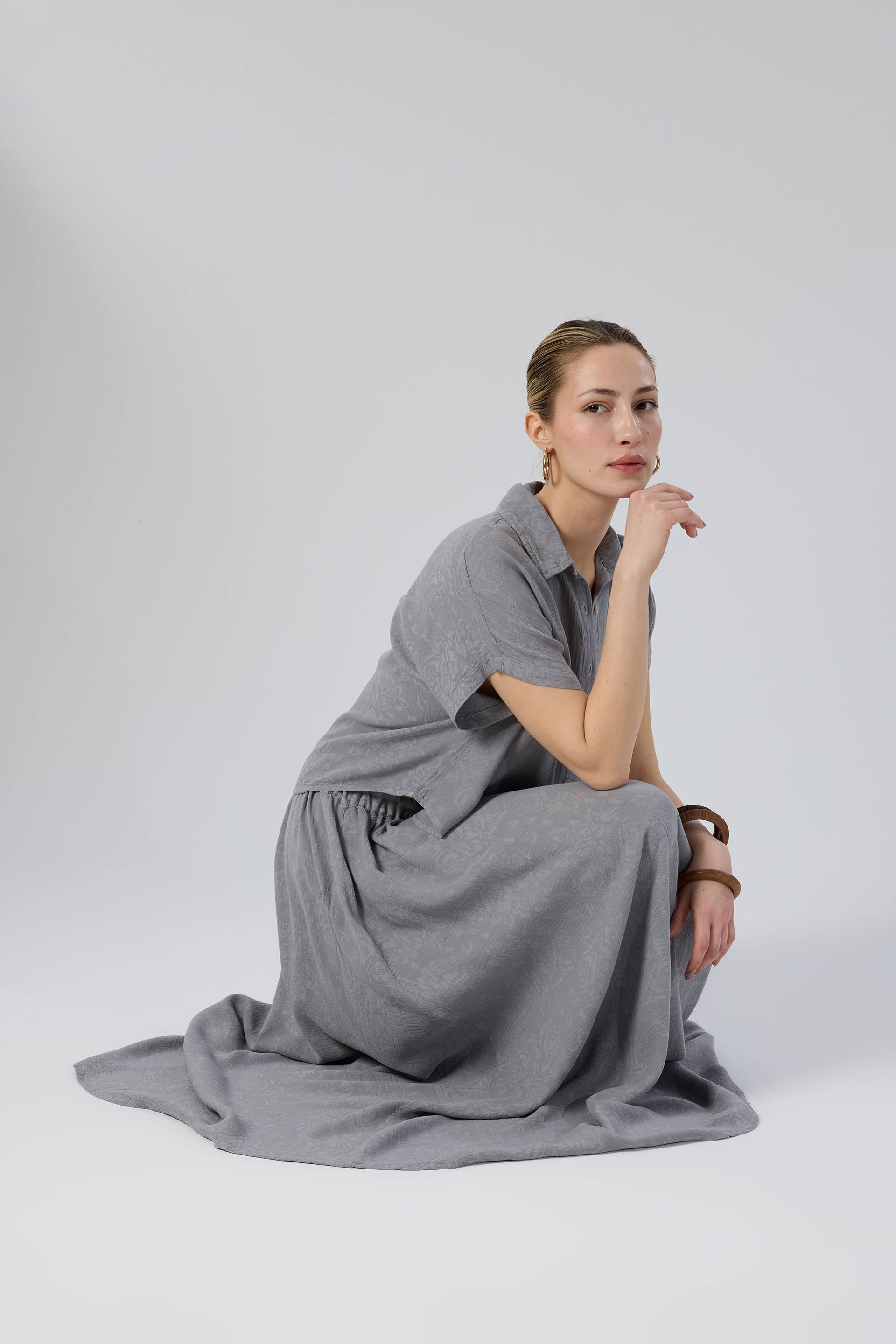 Woven Flora Dokulu Tensel Oversize Gömlek Etek #renk_Antrasit