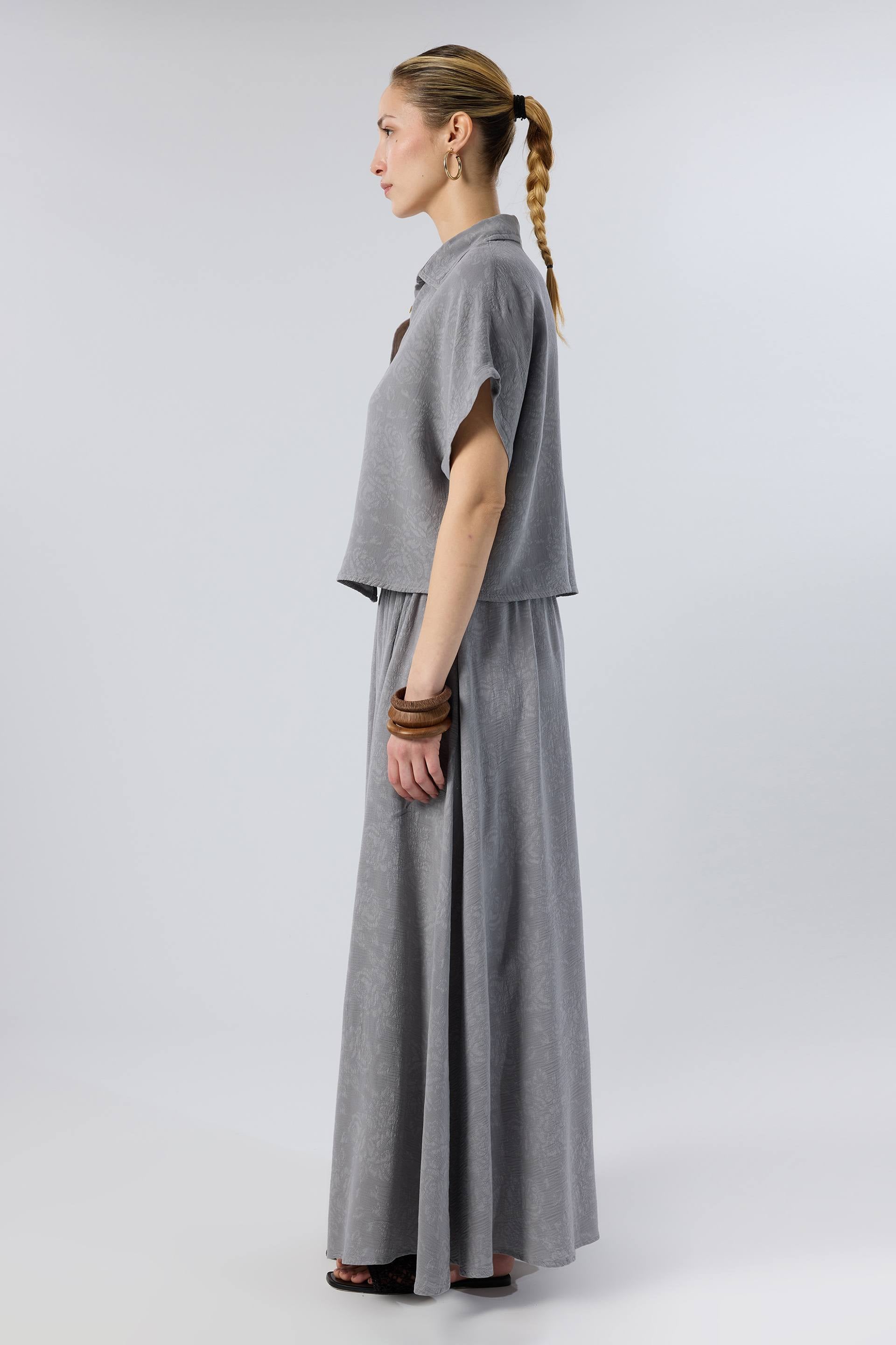 Woven Flora Dokulu Tensel Oversize Gömlek Etek #renk_Antrasit