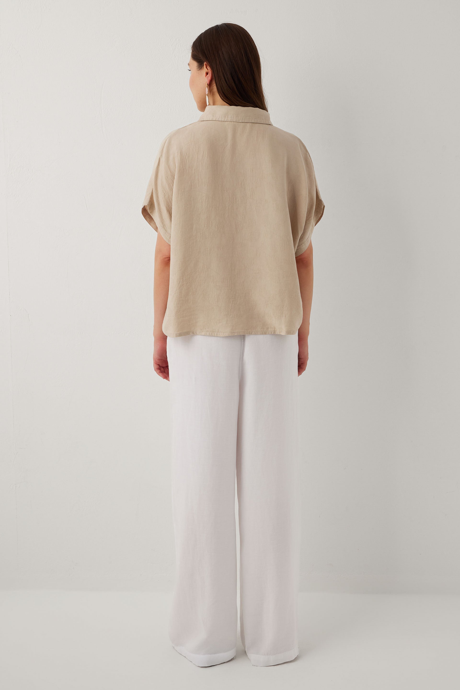 Woven Flora Dokulu Tensel Oversize Gömlek Etek #renk_Vizon