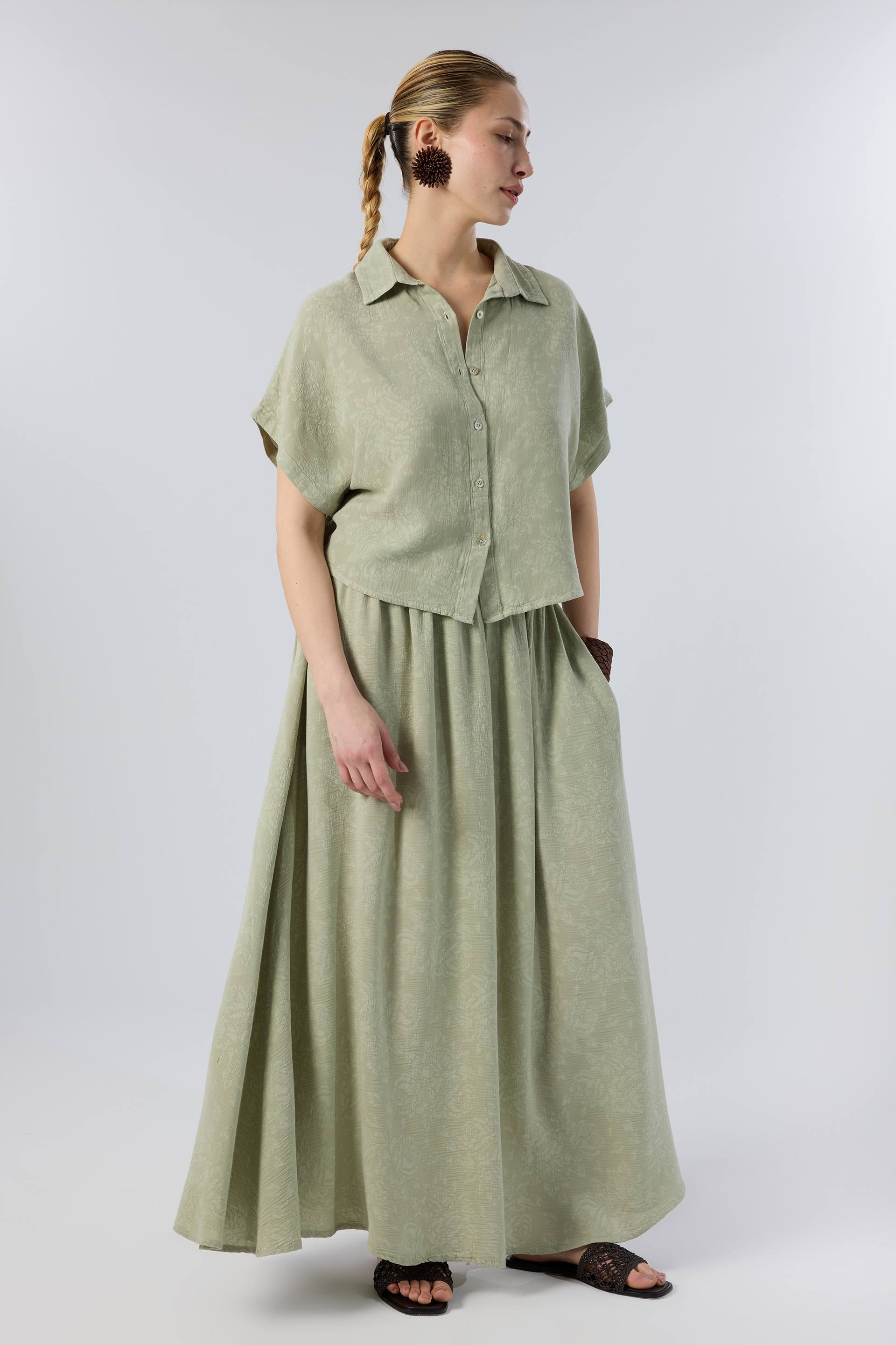 Woven Flora Dokulu Tensel Oversize Gömlek Etek #renk_Ada Çayı