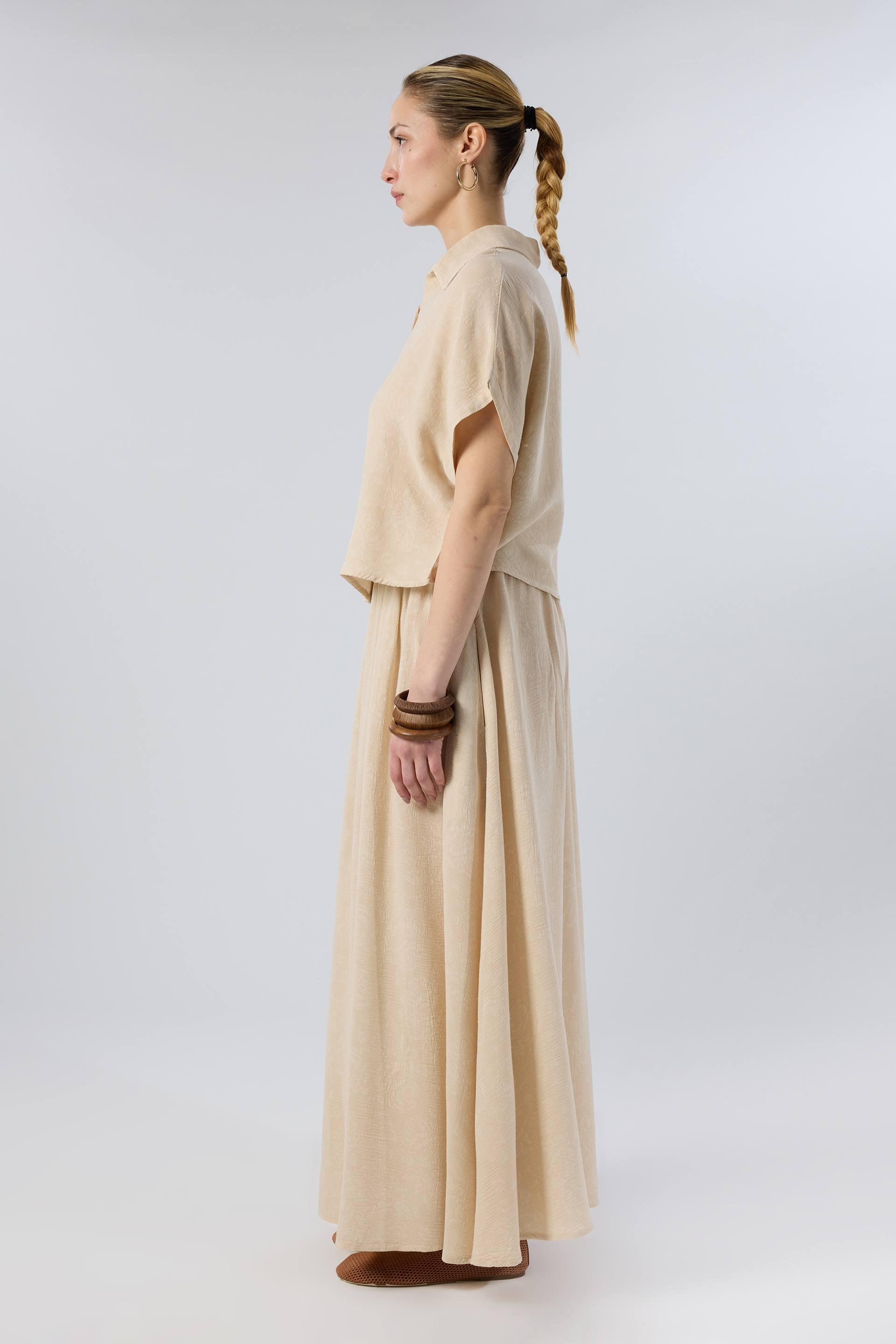 Woven Flora Dokulu Tensel Oversize Gömlek Etek #renk_Bej