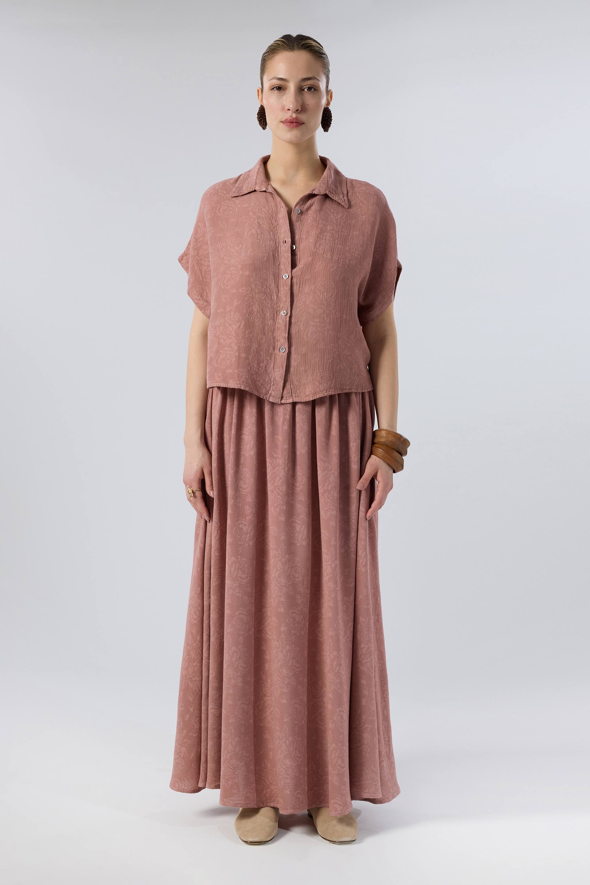 Woven Flora Dokulu Tensel Oversize Gömlek Etek #renk_Rose