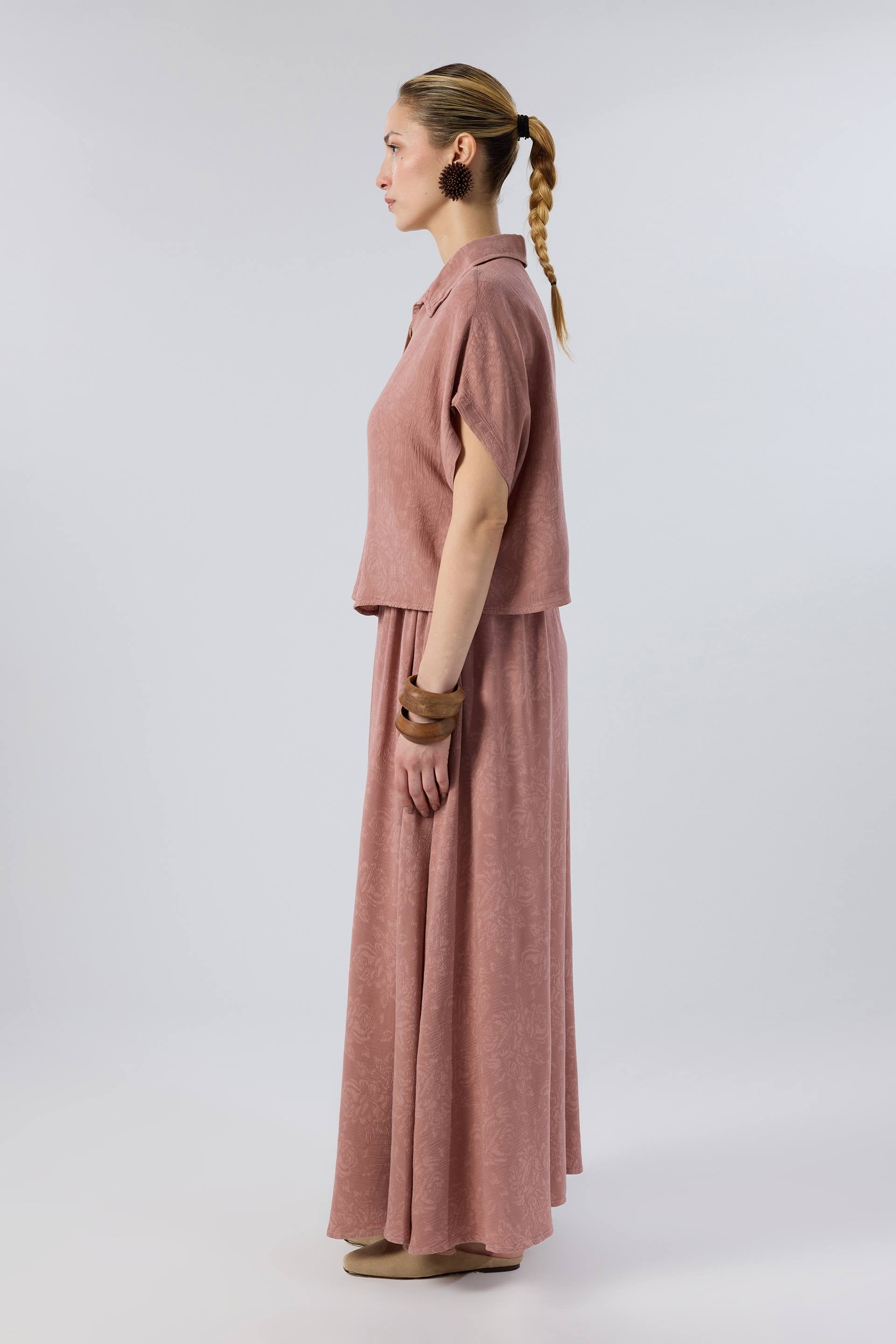 Woven Flora Dokulu Tensel Oversize Gömlek Etek #renk_Rose
