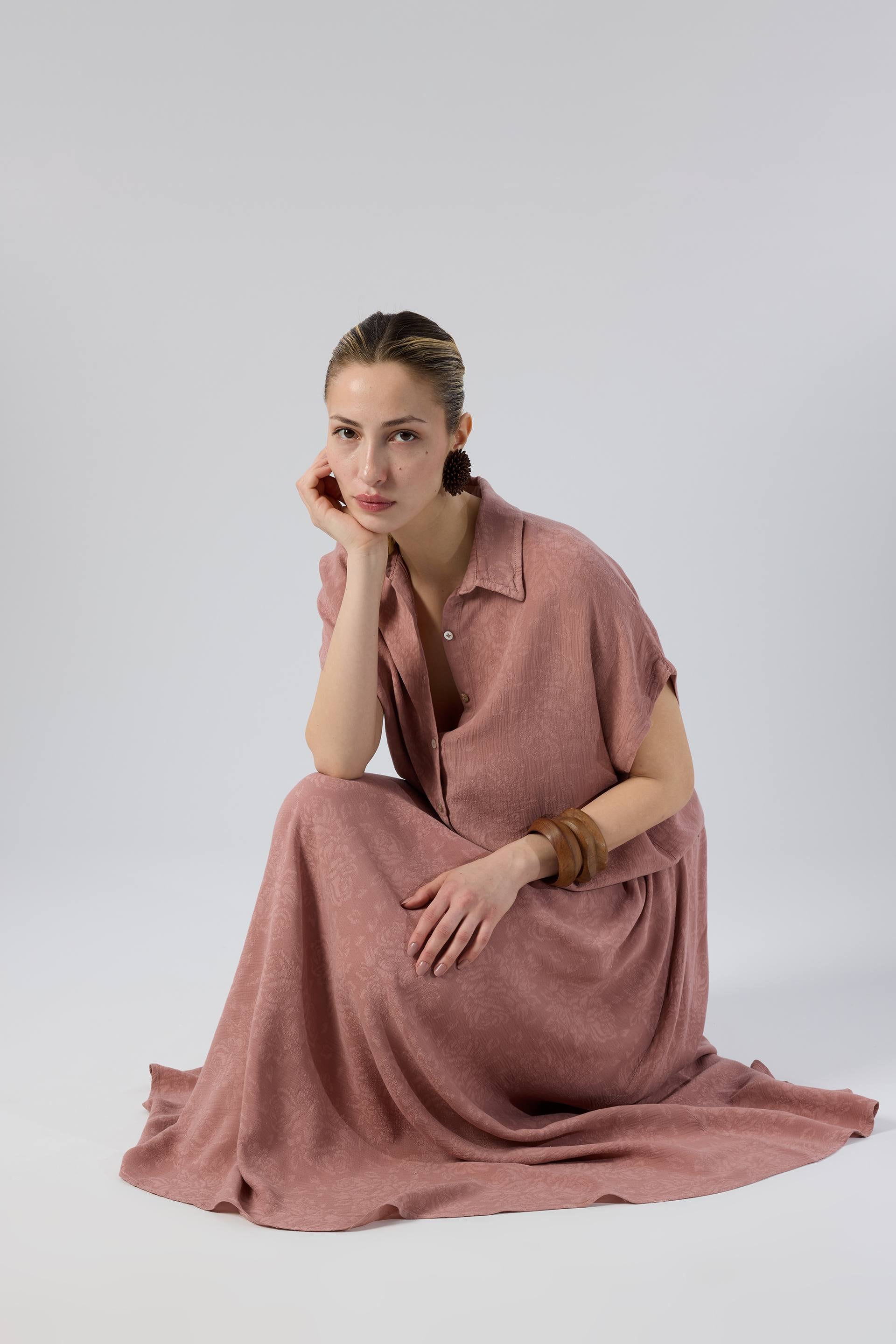Woven Flora Dokulu Tensel Oversize Gömlek Etek #renk_Rose