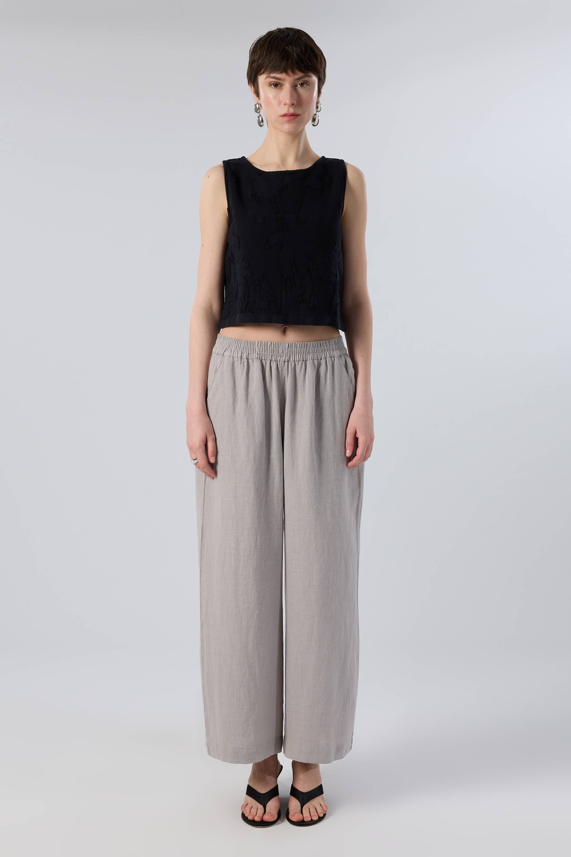 Ham Keten Palazzo Pantolon #renk_Taş Gri