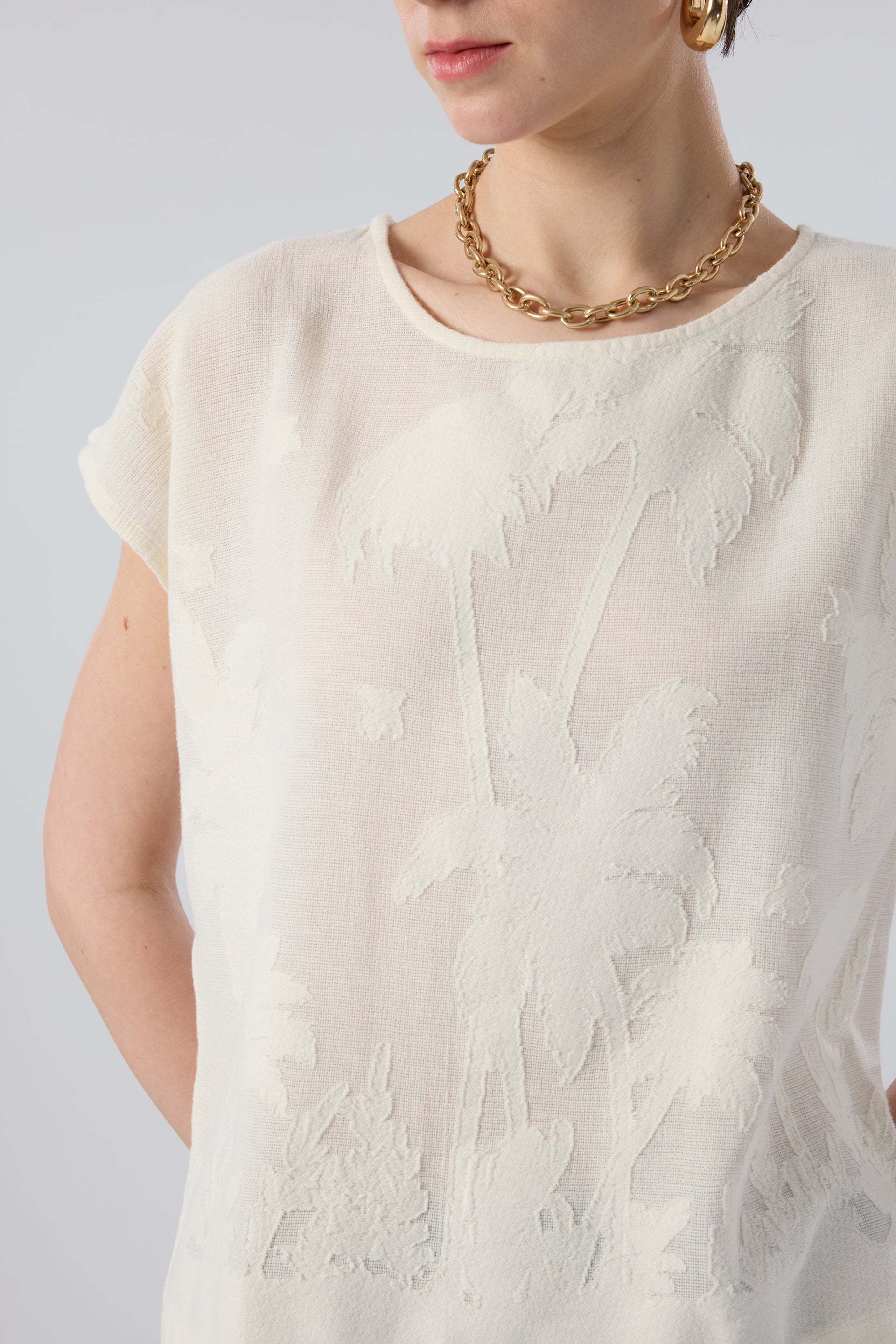 Palmiye Desenli Etamin Dokulu Düşük Omuzlu Bluz #renk_Doğal