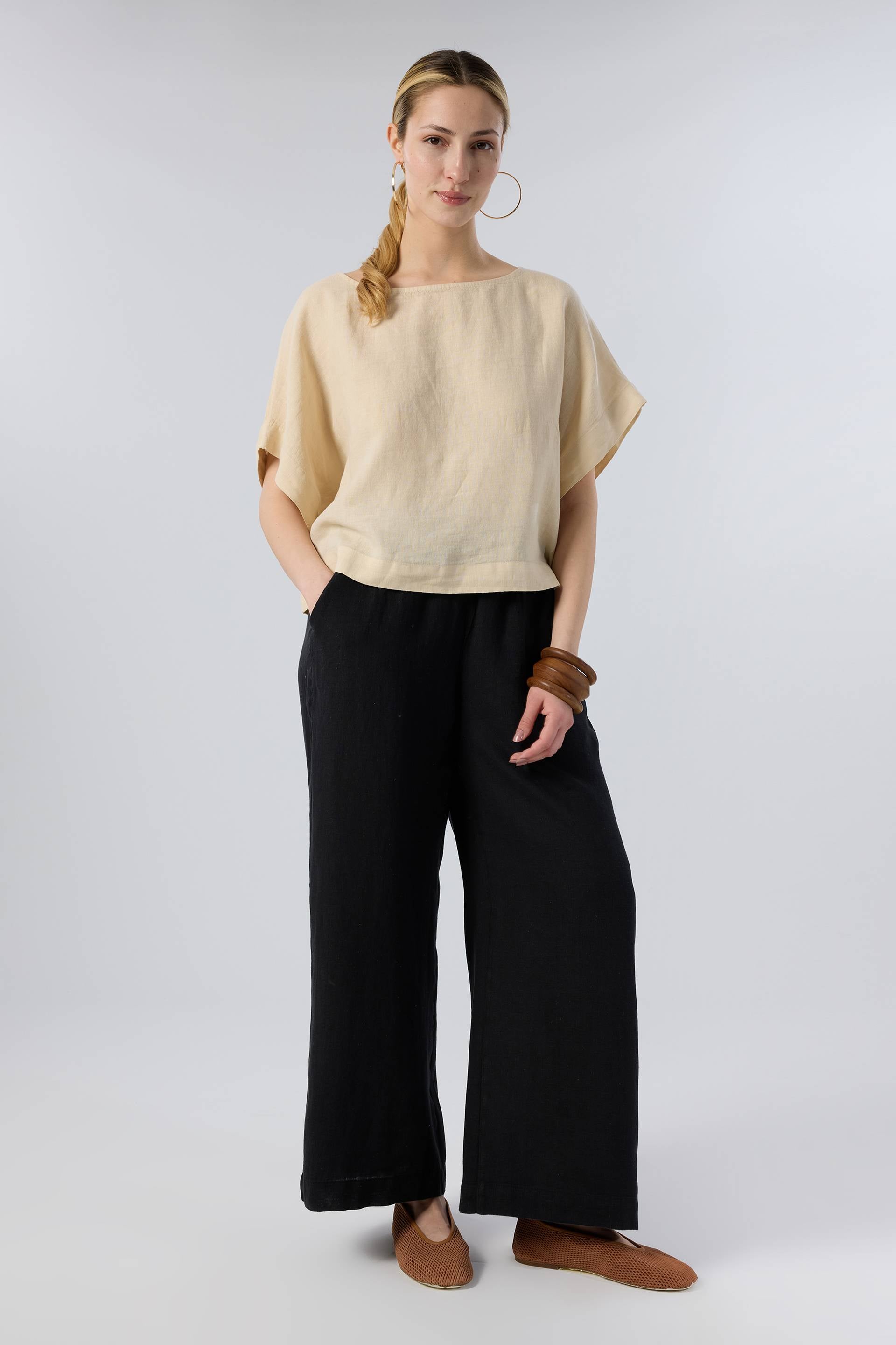 Keten Yarasa Kol Oversize Bluz #renk_Bej