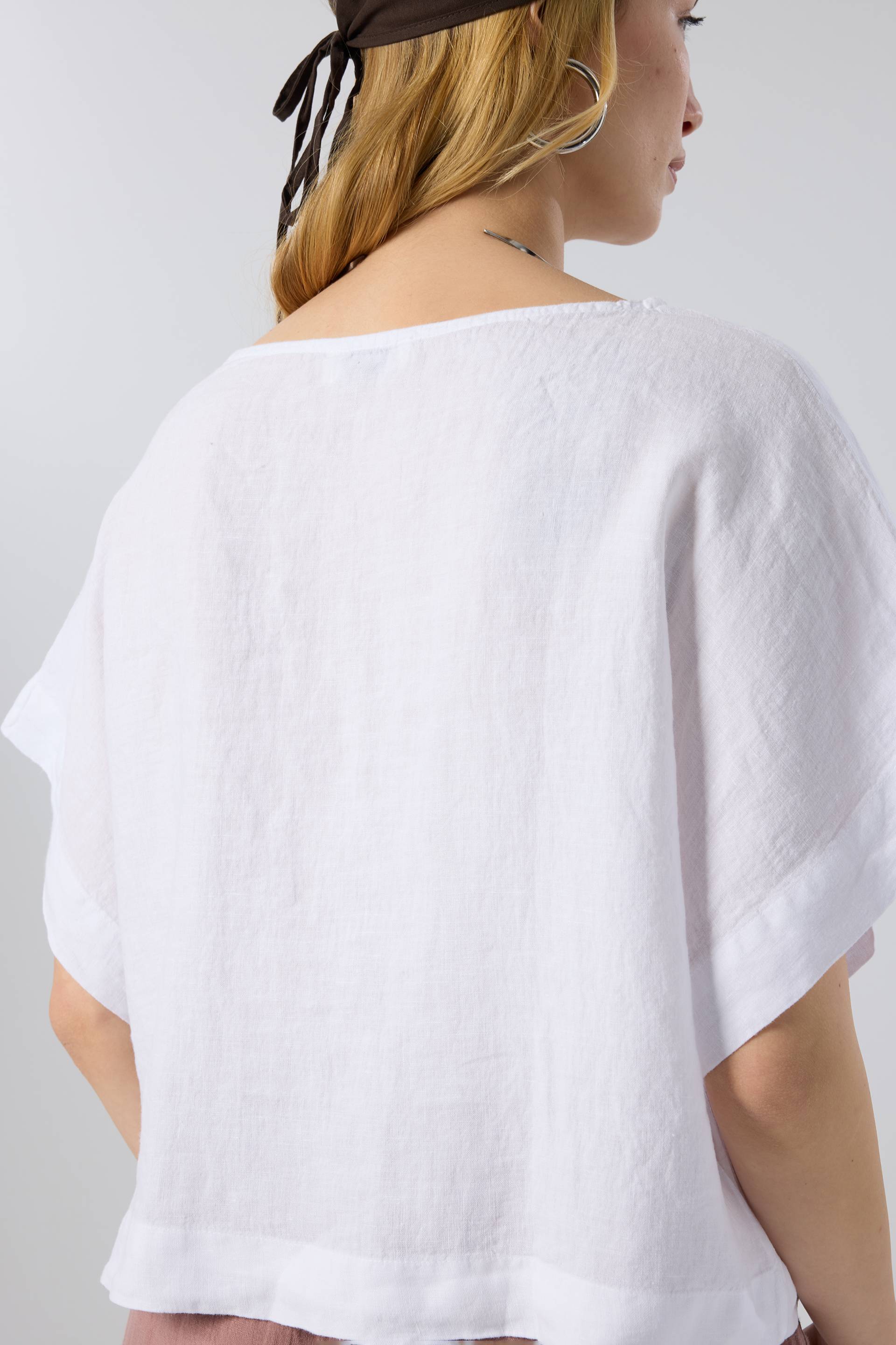Keten Yarasa Kol Oversize Bluz #renk_Beyaz