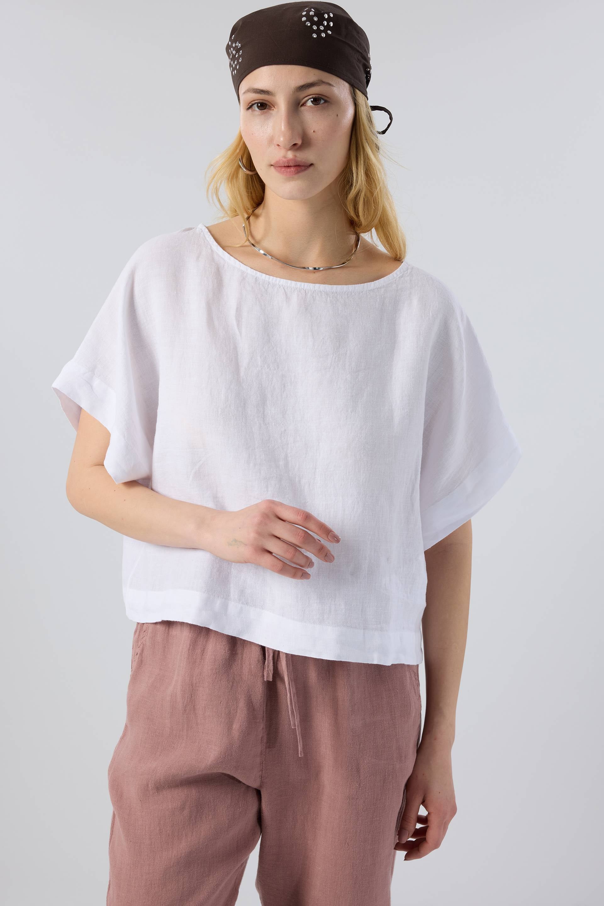Keten Yarasa Kol Oversize Bluz #renk_Beyaz