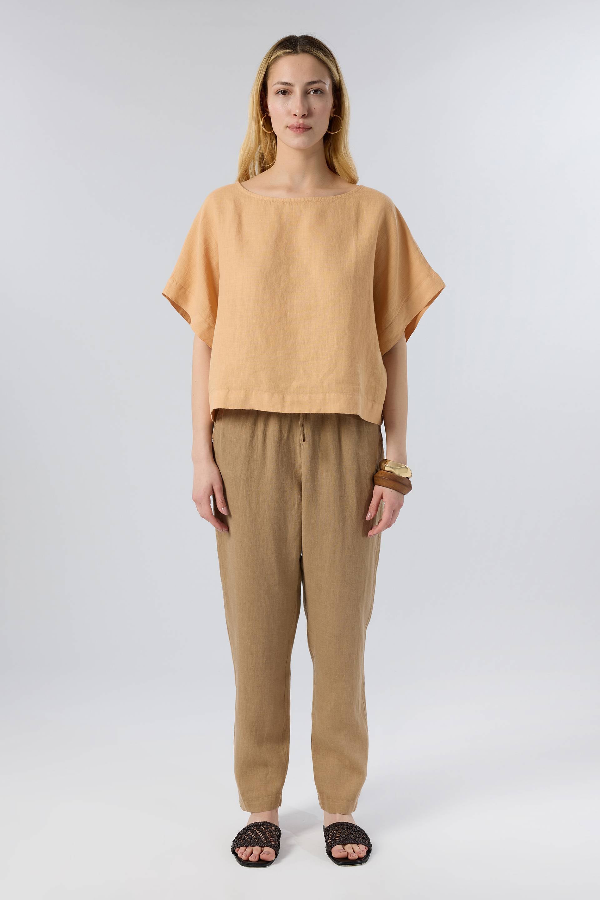 Keten Yarasa Kol Oversize Bluz #renk_Kil Beji