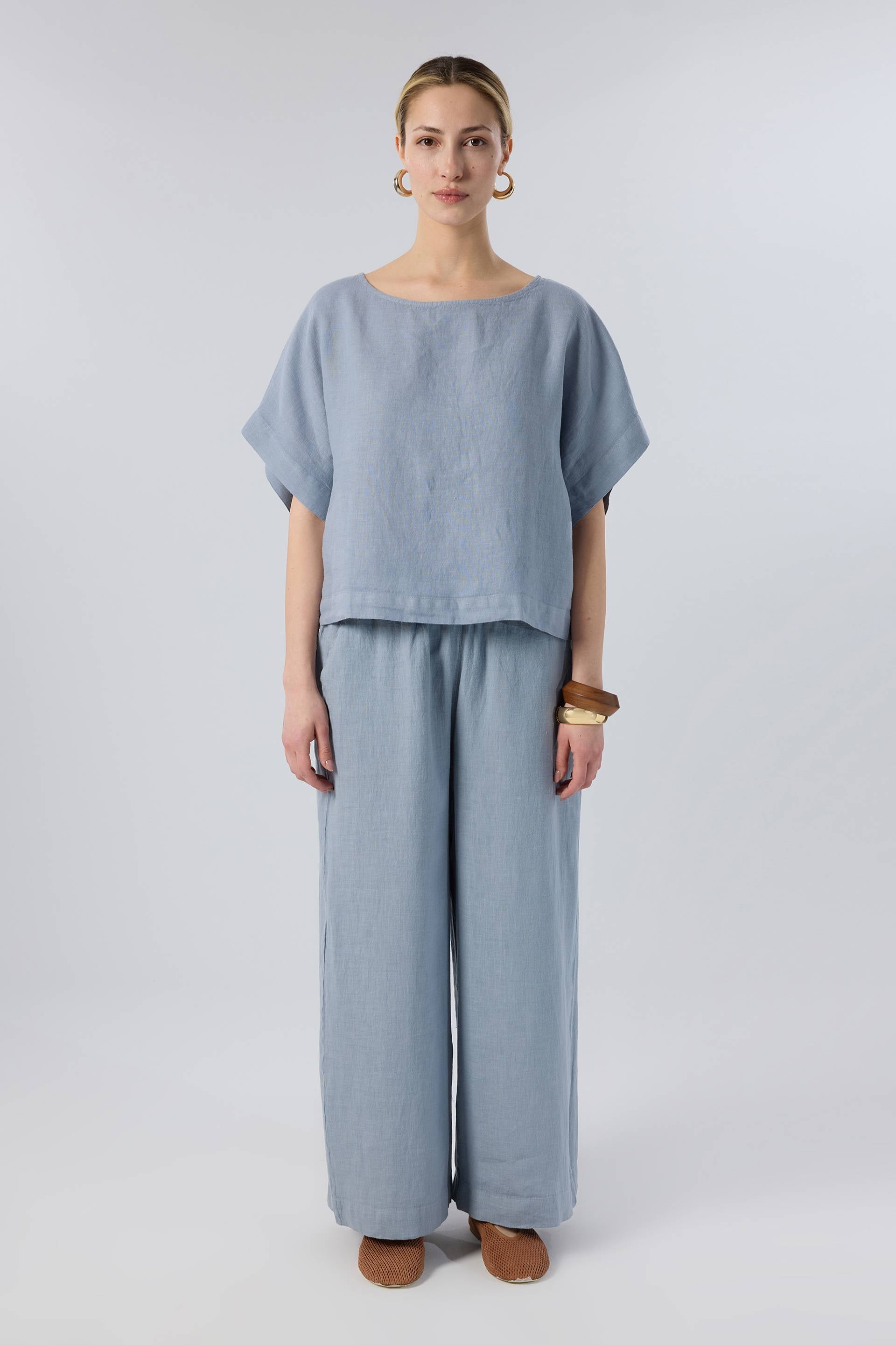 Keten Yarasa Kol Oversize Bluz #renk_Puslu Mavi