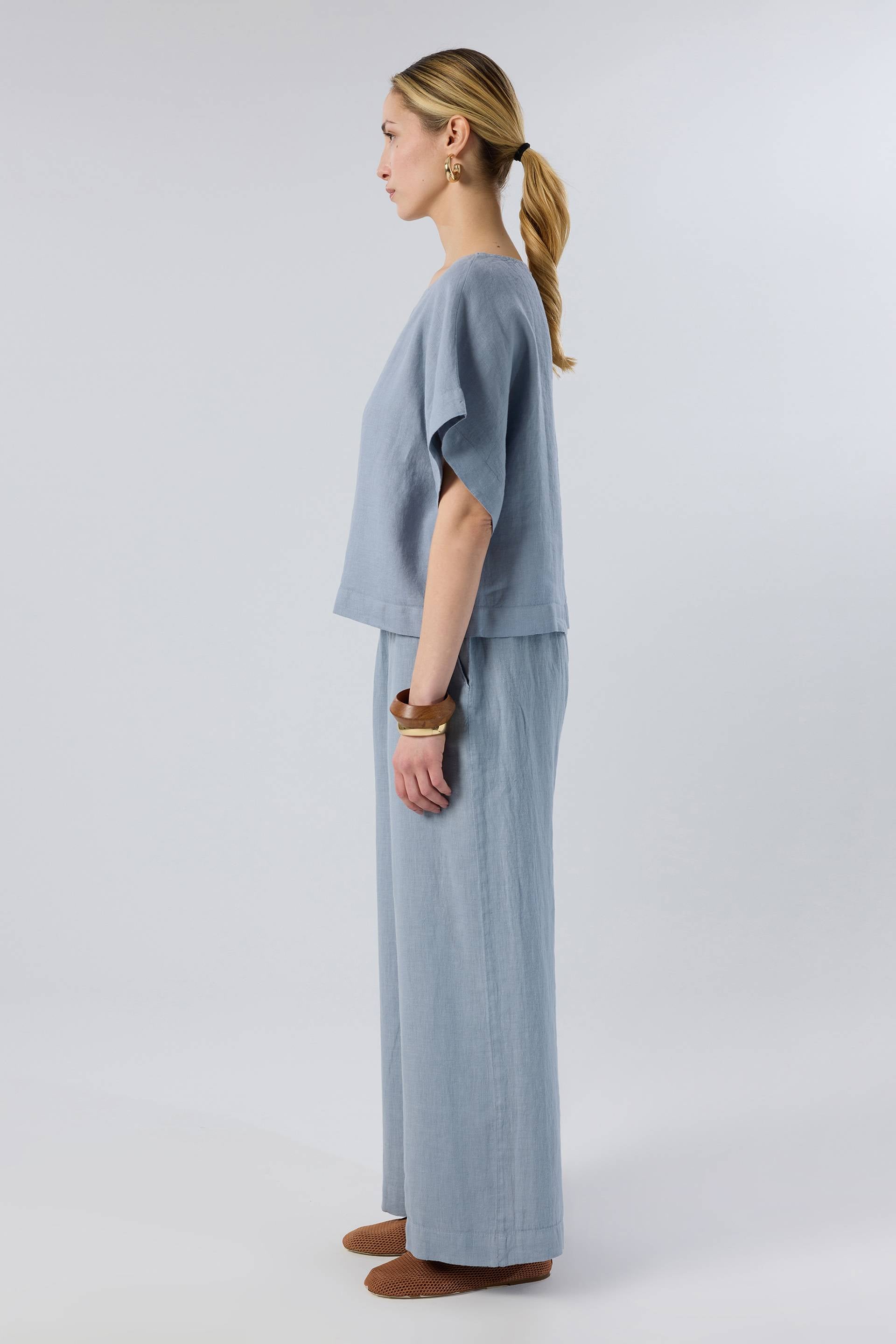 Keten Yarasa Kol Oversize Bluz #renk_Puslu Mavi