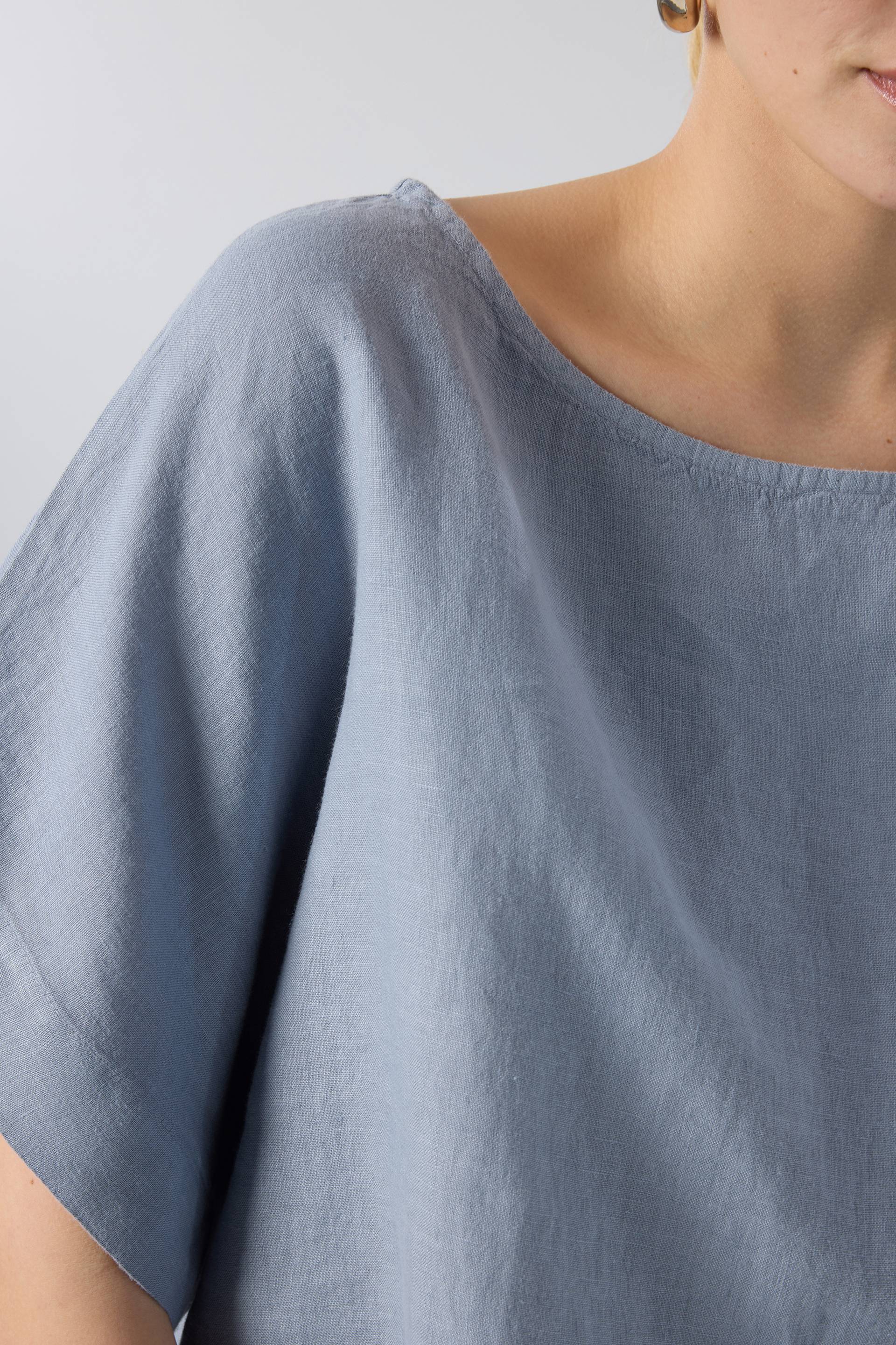 Keten Yarasa Kol Oversize Bluz #renk_Puslu Mavi