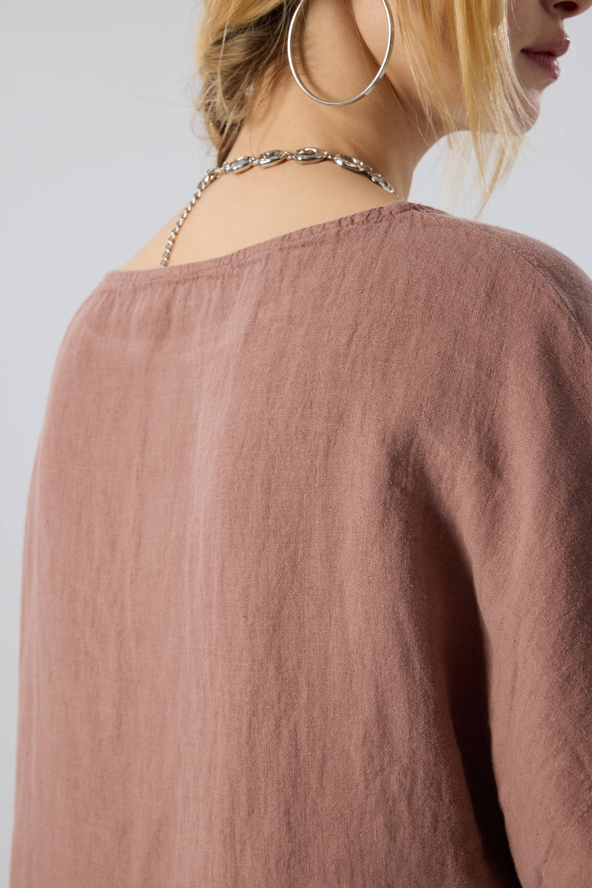 Keten Yarasa Kol Oversize Bluz #renk_Toprak Kahve