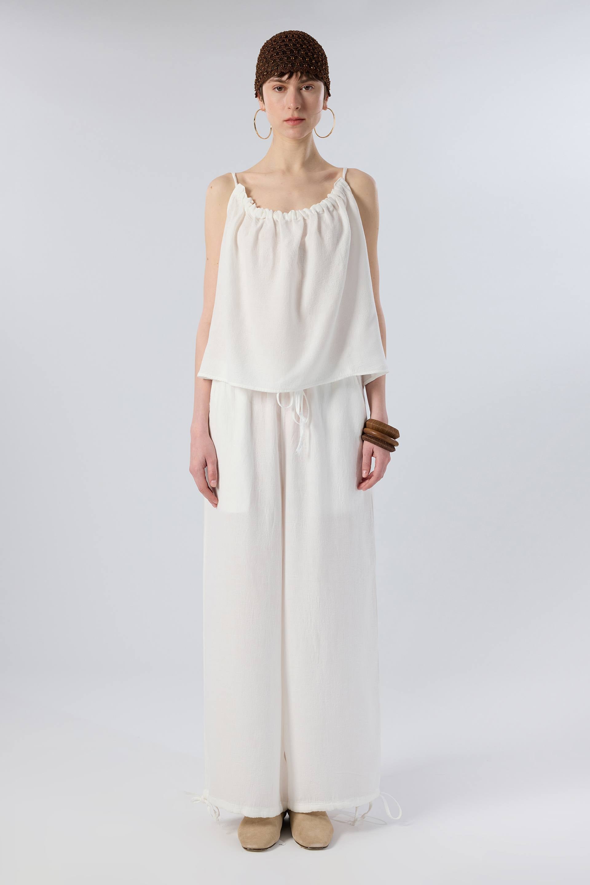 Luma Dokulu Tencel Askılı Bluz Pantolon #renk_Beyaz