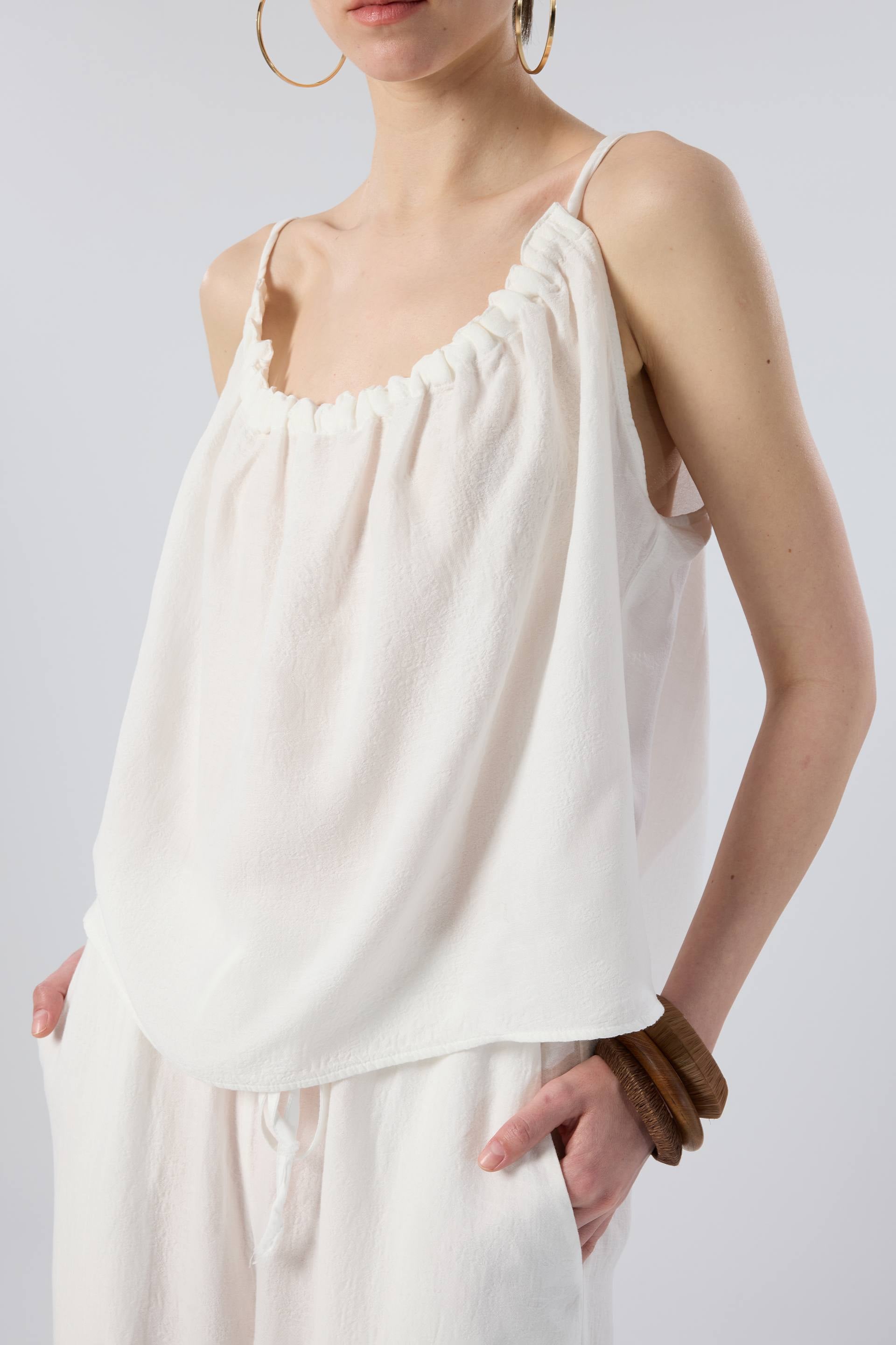 Luma Dokulu Tencel Askılı Bluz Pantolon #renk_Beyaz