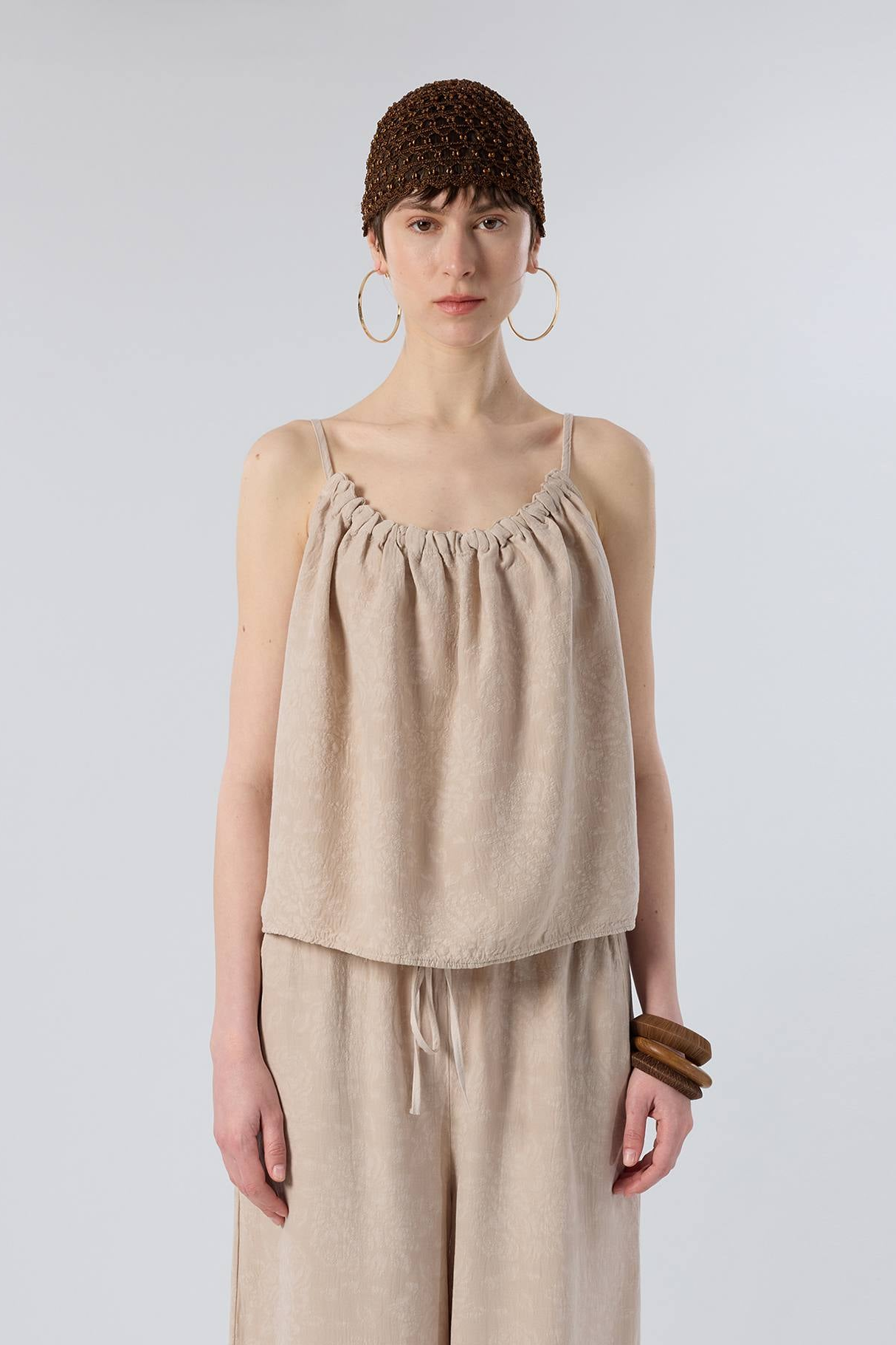 Luma Dokulu Tencel Askılı Bluz Pantolon #renk_Flax