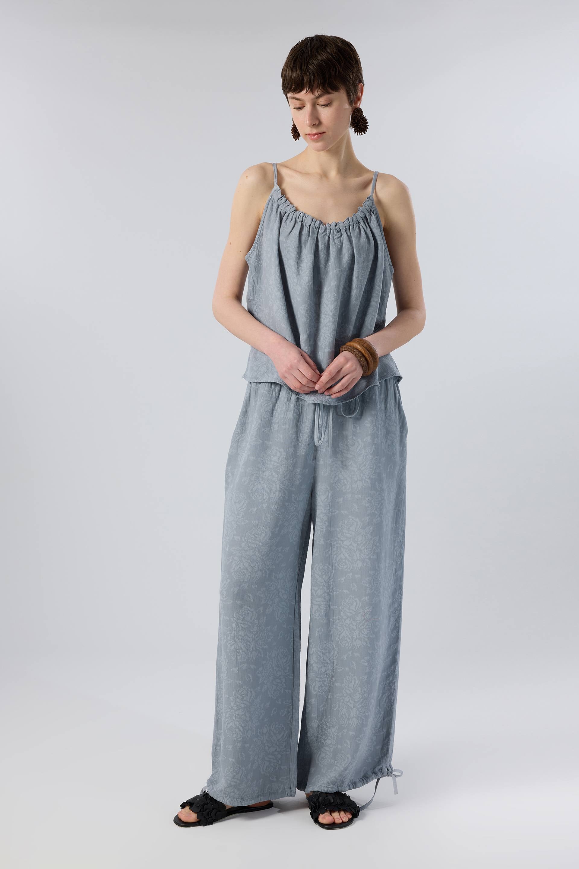 Luma dokulu Tencel bluz - Puslu Mavi kadın bluz #renk_Puslu Mavi