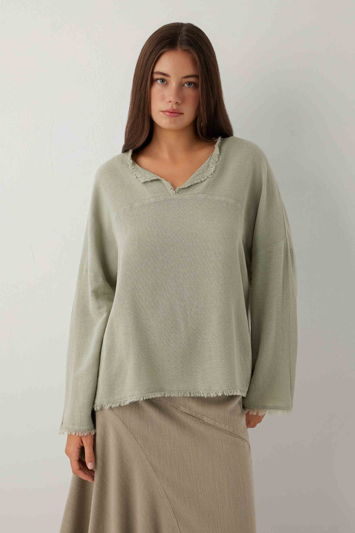 Nomad Etamin Dokulu Yarasa Kesim Bluz #renk_Ada Çayı