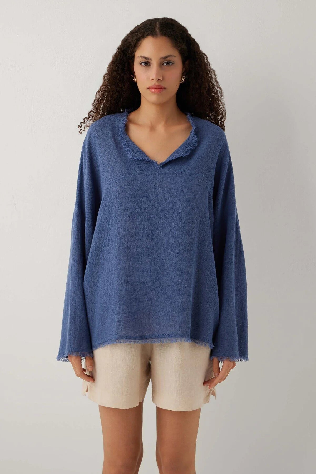 Nomad Etamin Dokulu Yarasa Kesim Bluz #renk_Navy