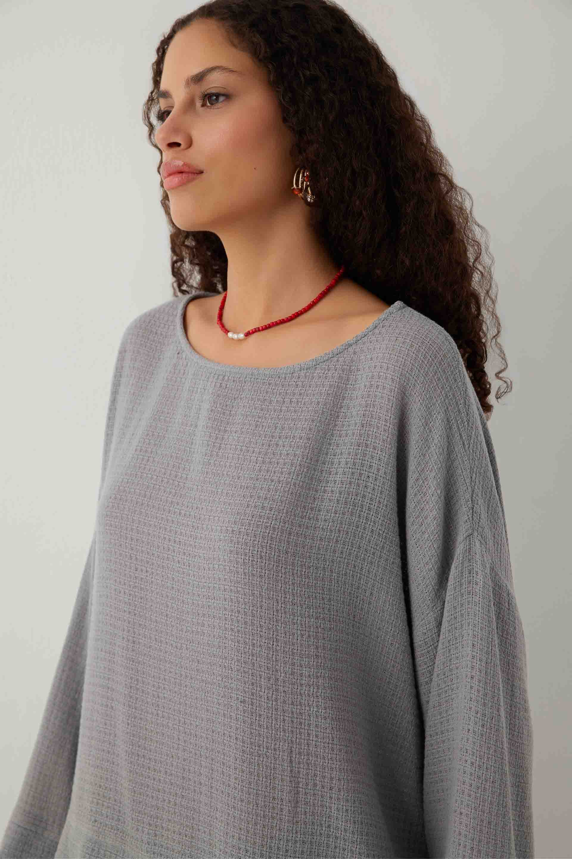 Ease Kimono Kollu Kadın Bluz #renk_Gri