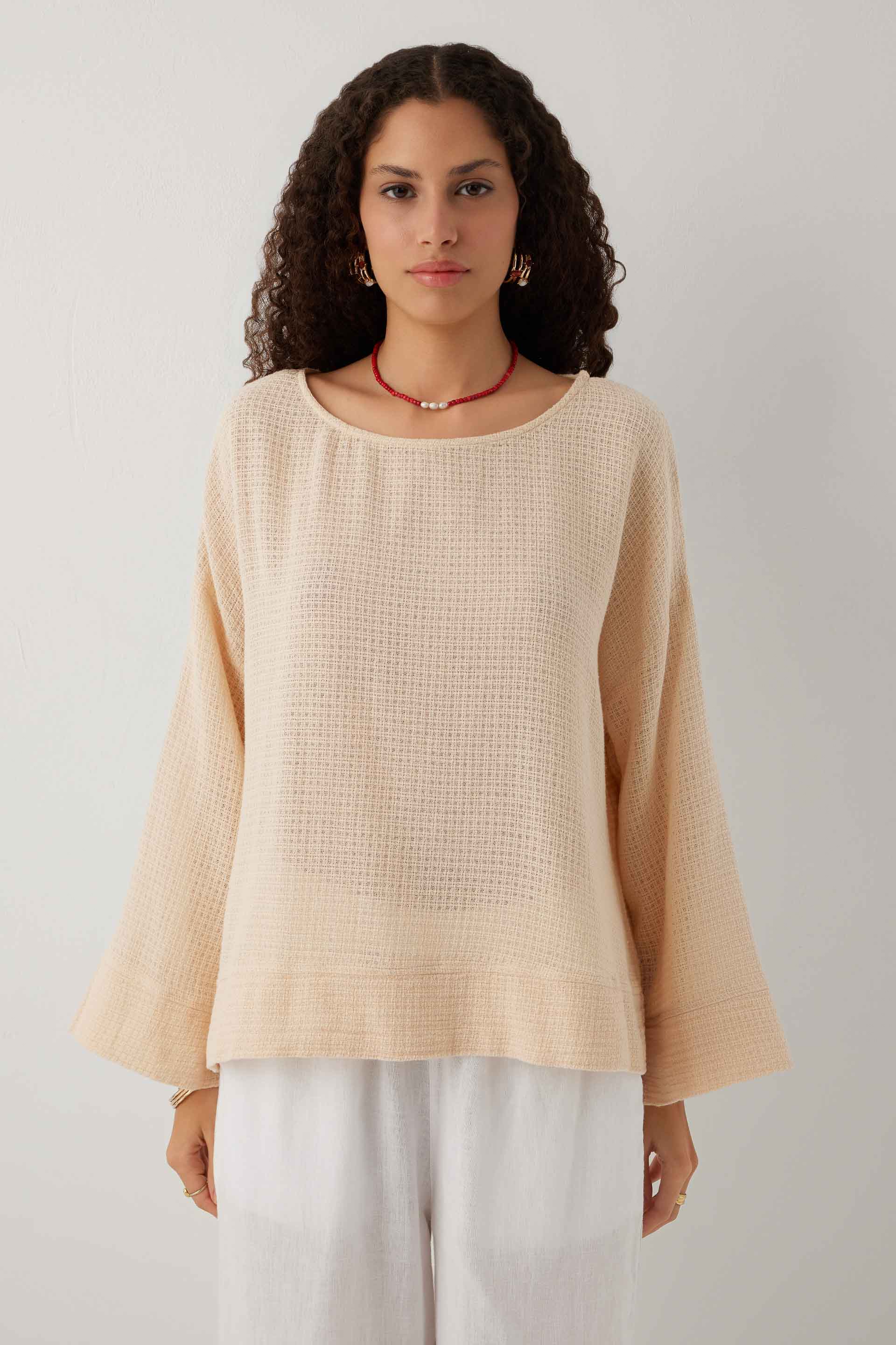 Ease Kimono Kollu Kadın Bluz #renk_Pudra
