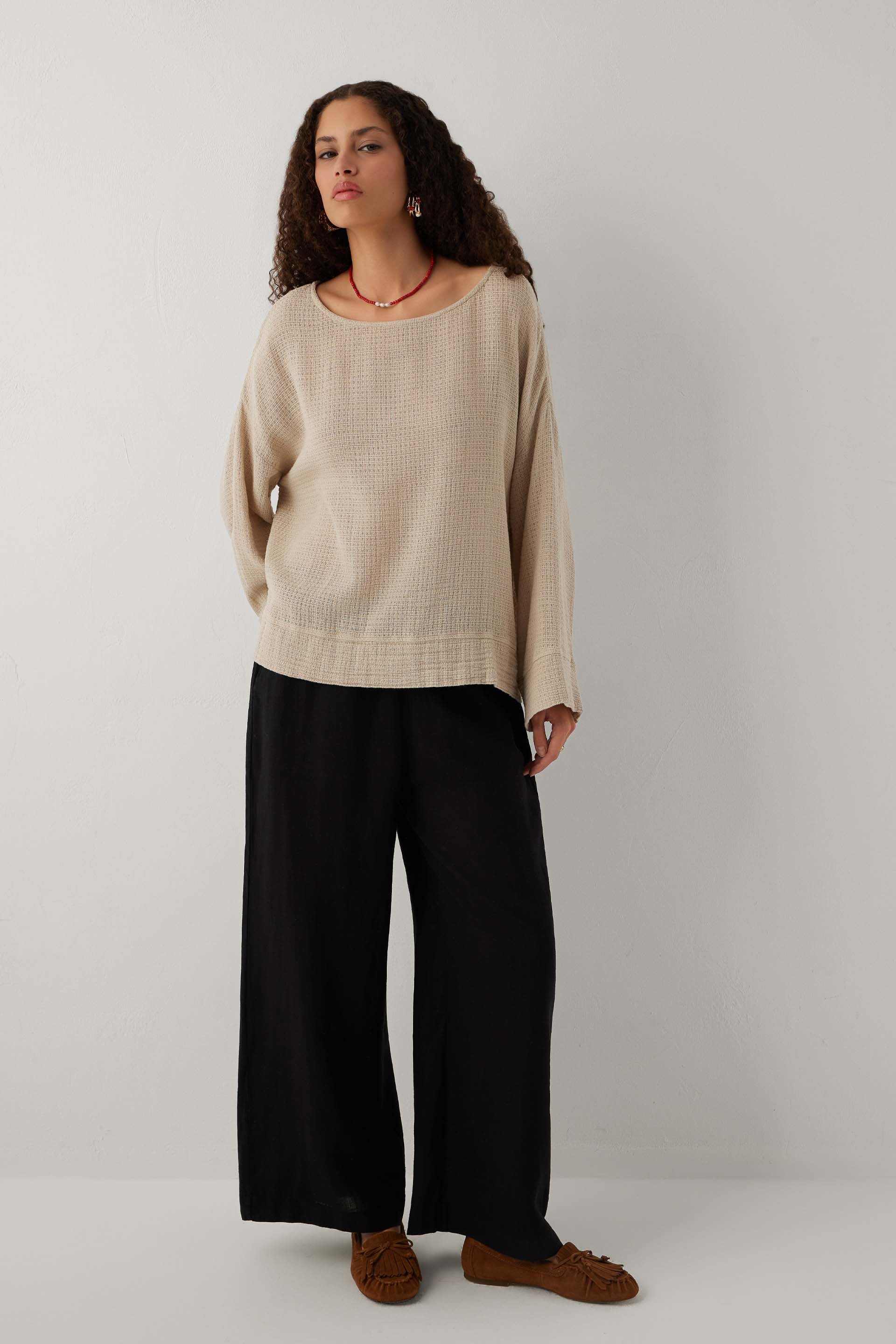 Ease Kimono Kollu Kadın Bluz #renk_Vizon