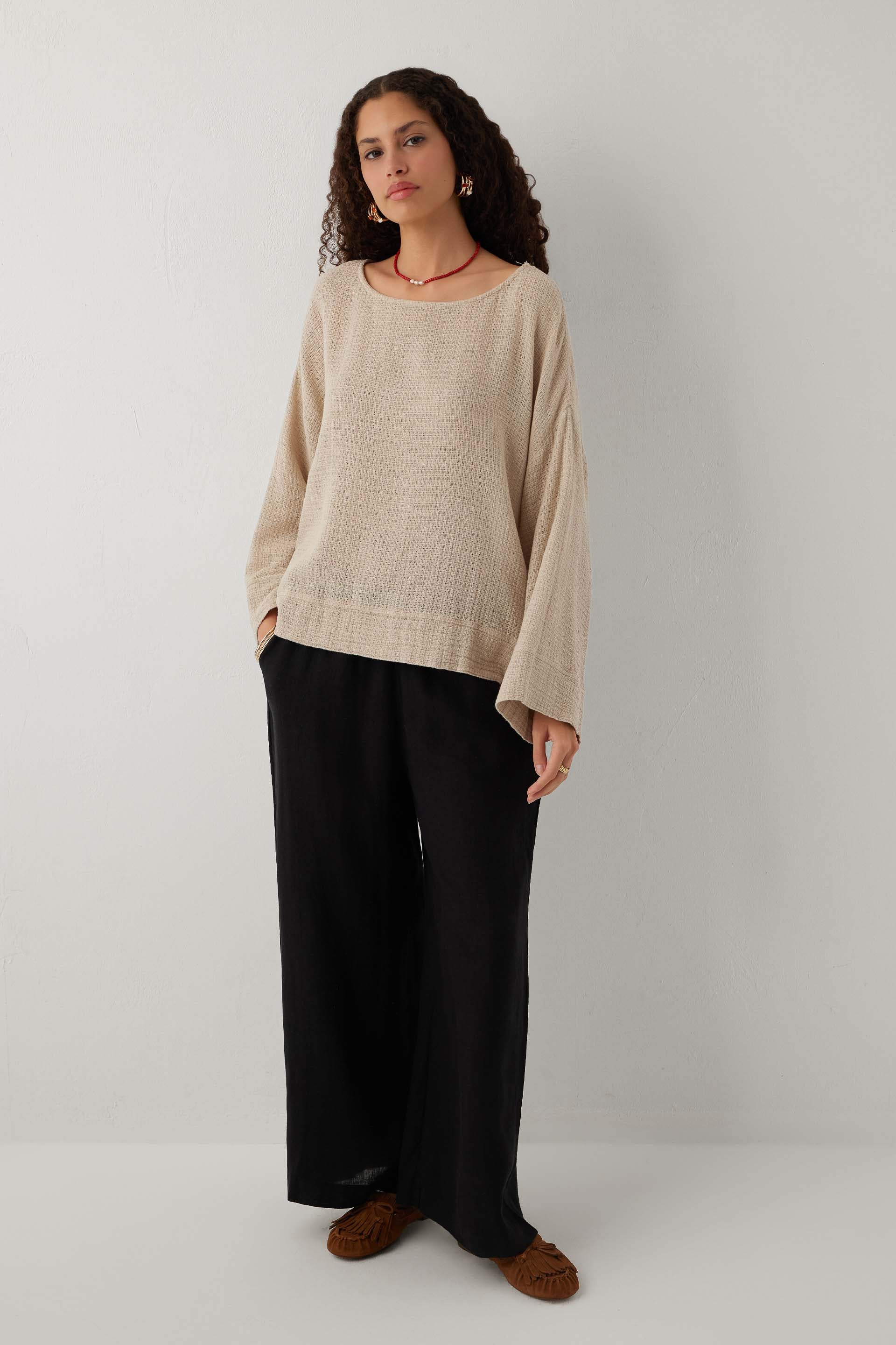 Ease Kimono Kollu Kadın Bluz #renk_Vizon