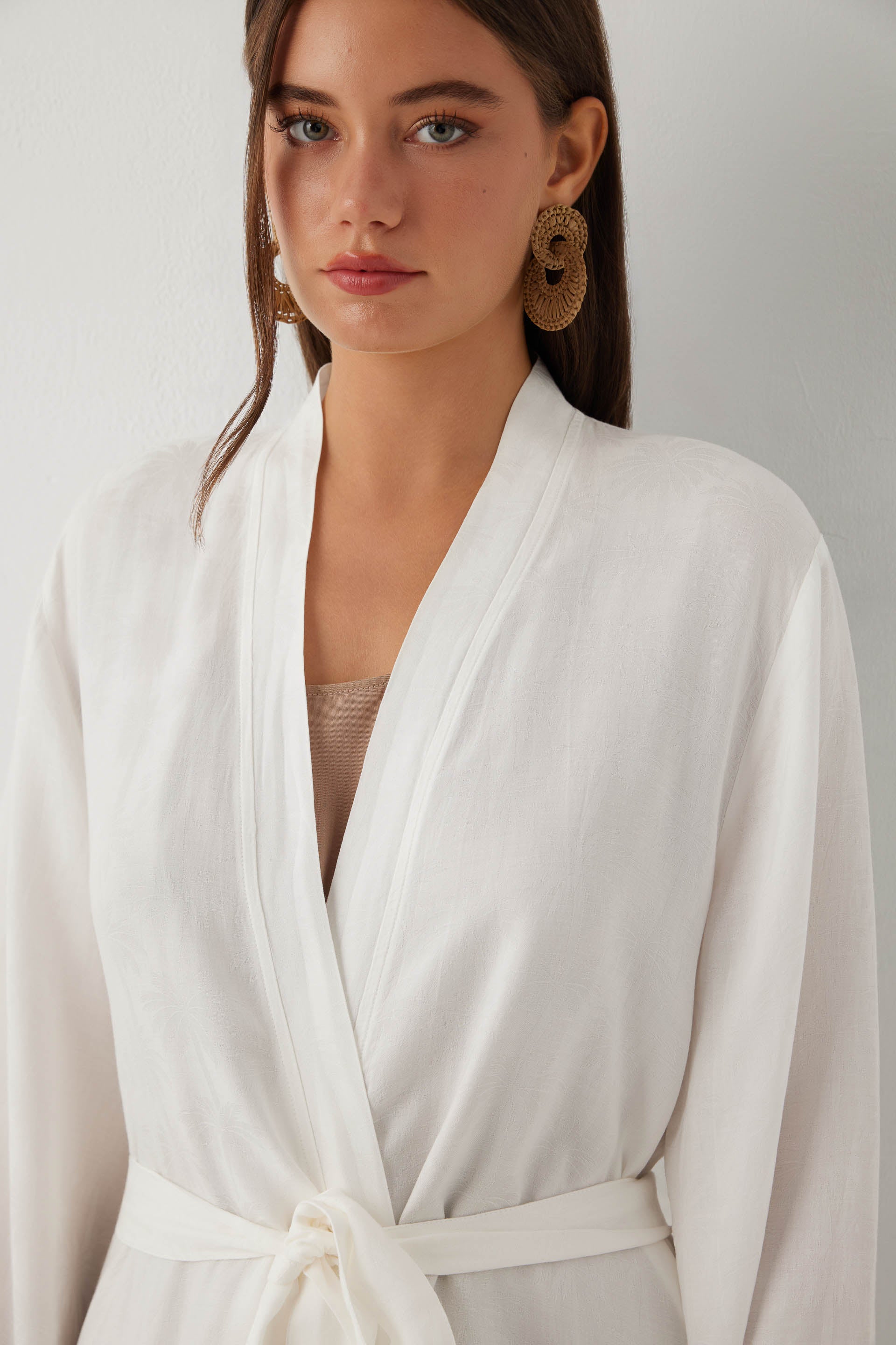Woven Flora Palm Flow Tencel Uzun Kollu Kadın Kimono Sabahlık #renk_Beyaz