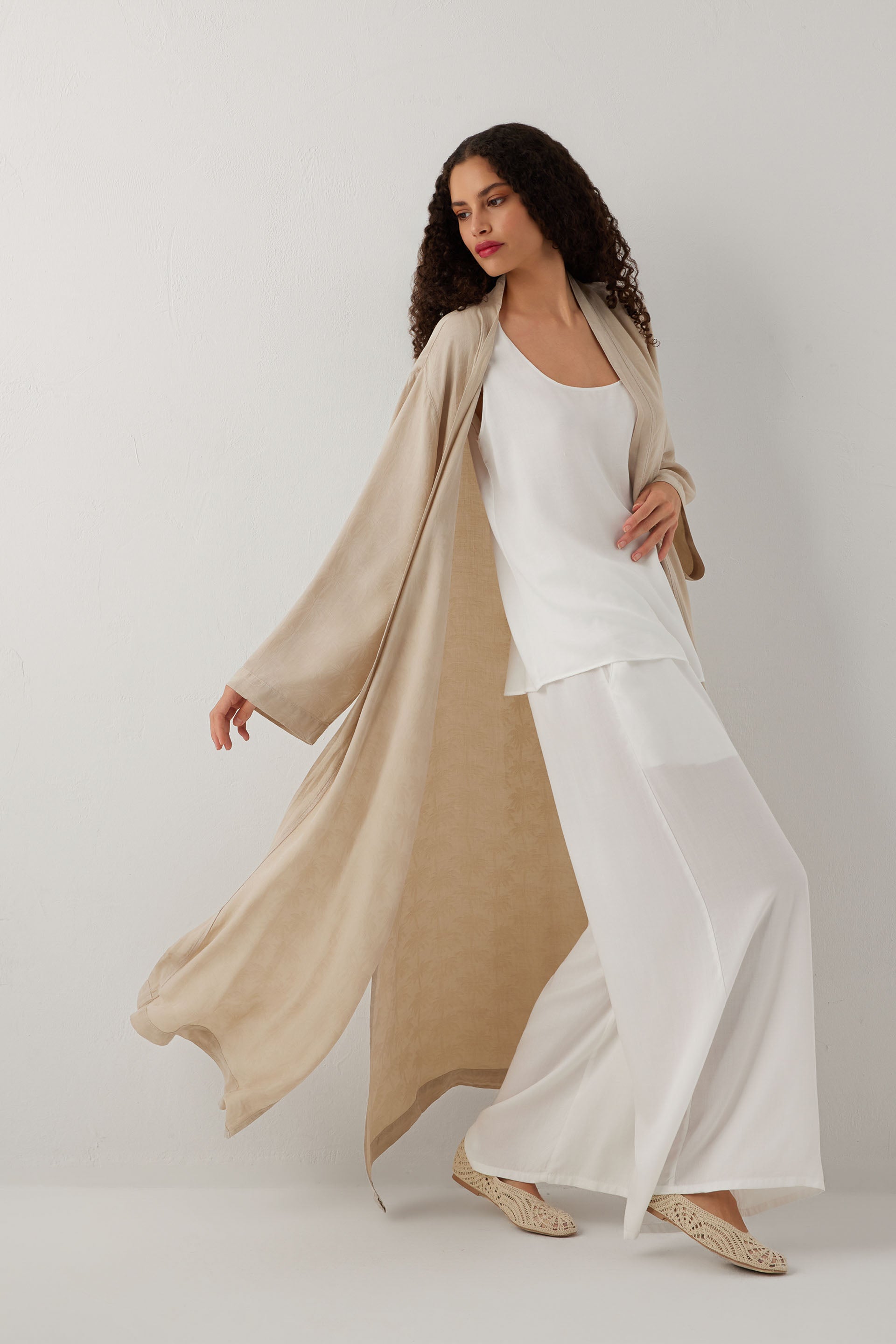 Woven Flora Palm Flow Tencel Uzun Kollu Kadın Kimono Sabahlık #renk_Vizon