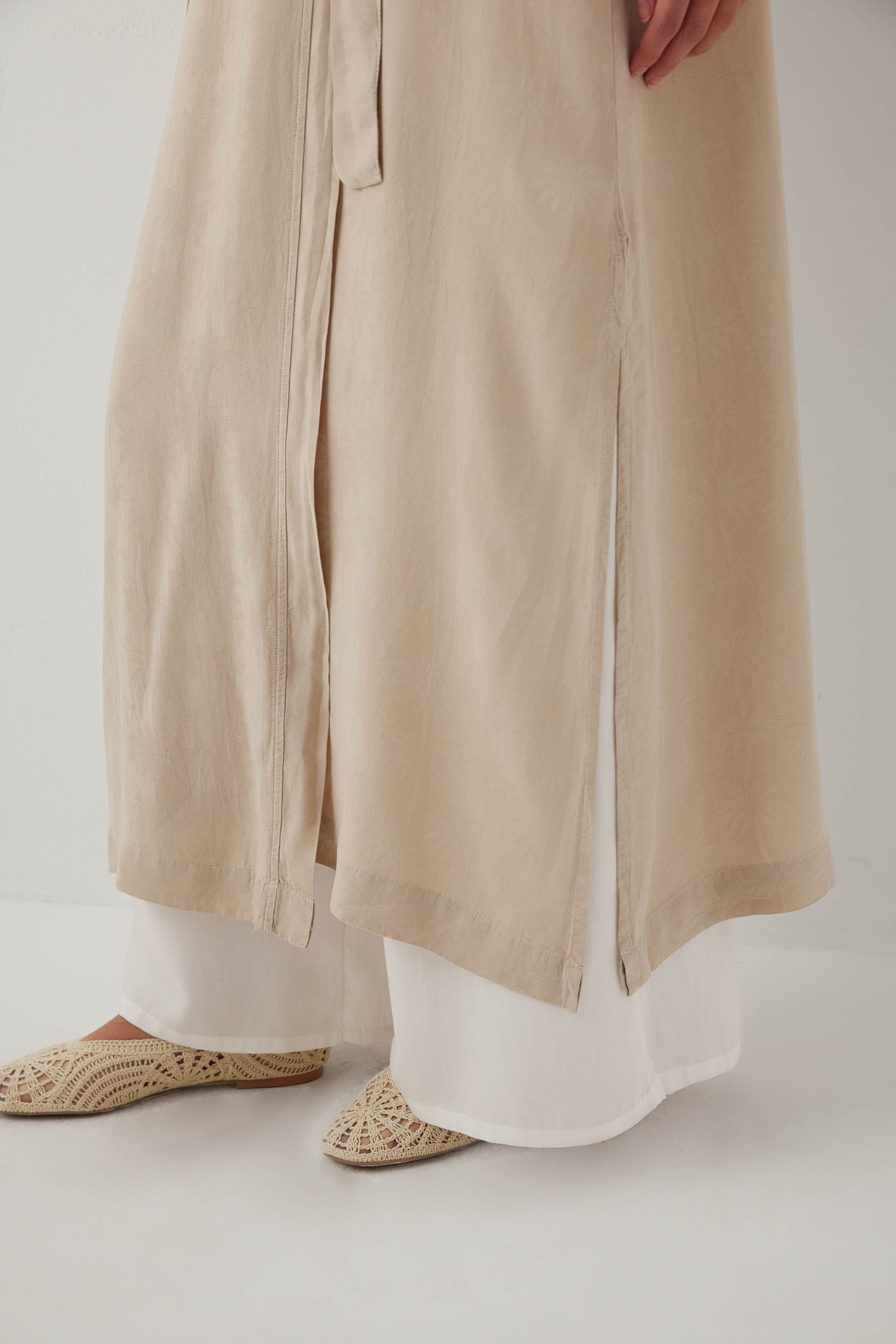 Woven Flora Palm Flow Tencel Uzun Kollu Kadın Kimono Sabahlık #renk_Vizon