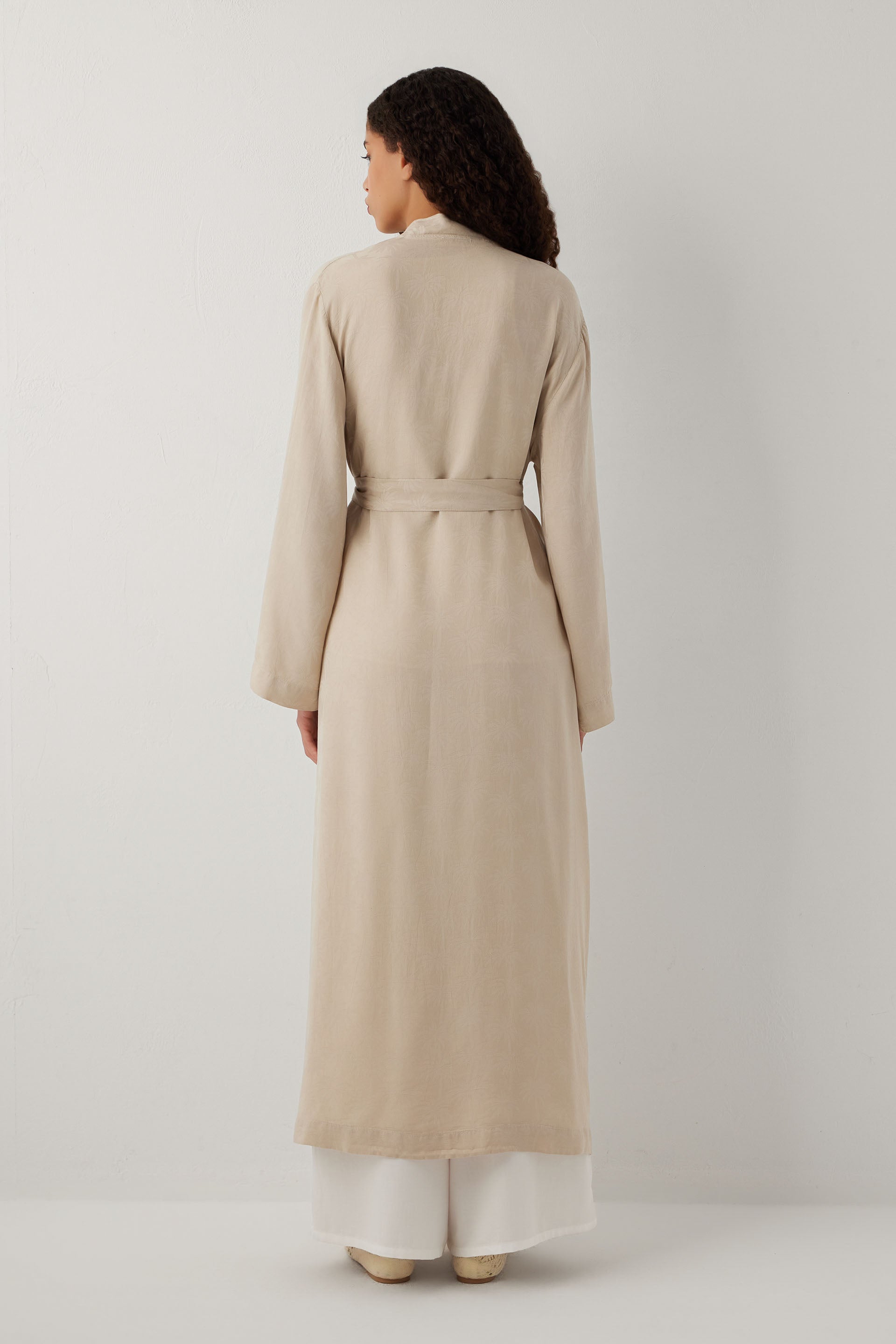 Woven Flora Palm Flow Tencel Uzun Kollu Kadın Kimono Sabahlık #renk_Vizon