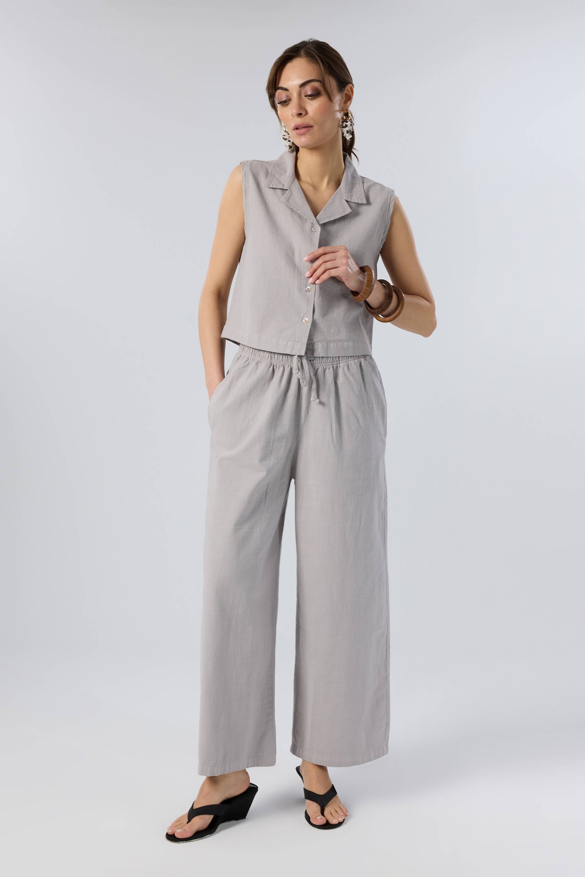 Flamlı Dokulu Pamuk Palazzo Pantolon #renk_Taş Gri