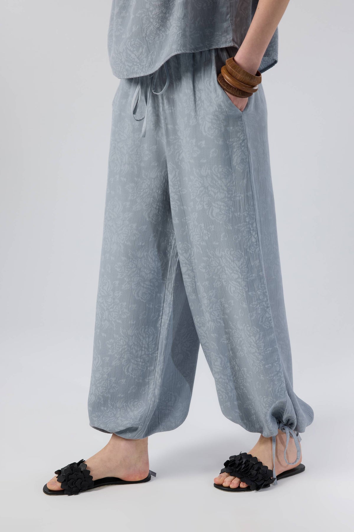Luma Dokulu Tencel Askılı Bluz Pantolon #renk_Puslu Mavi