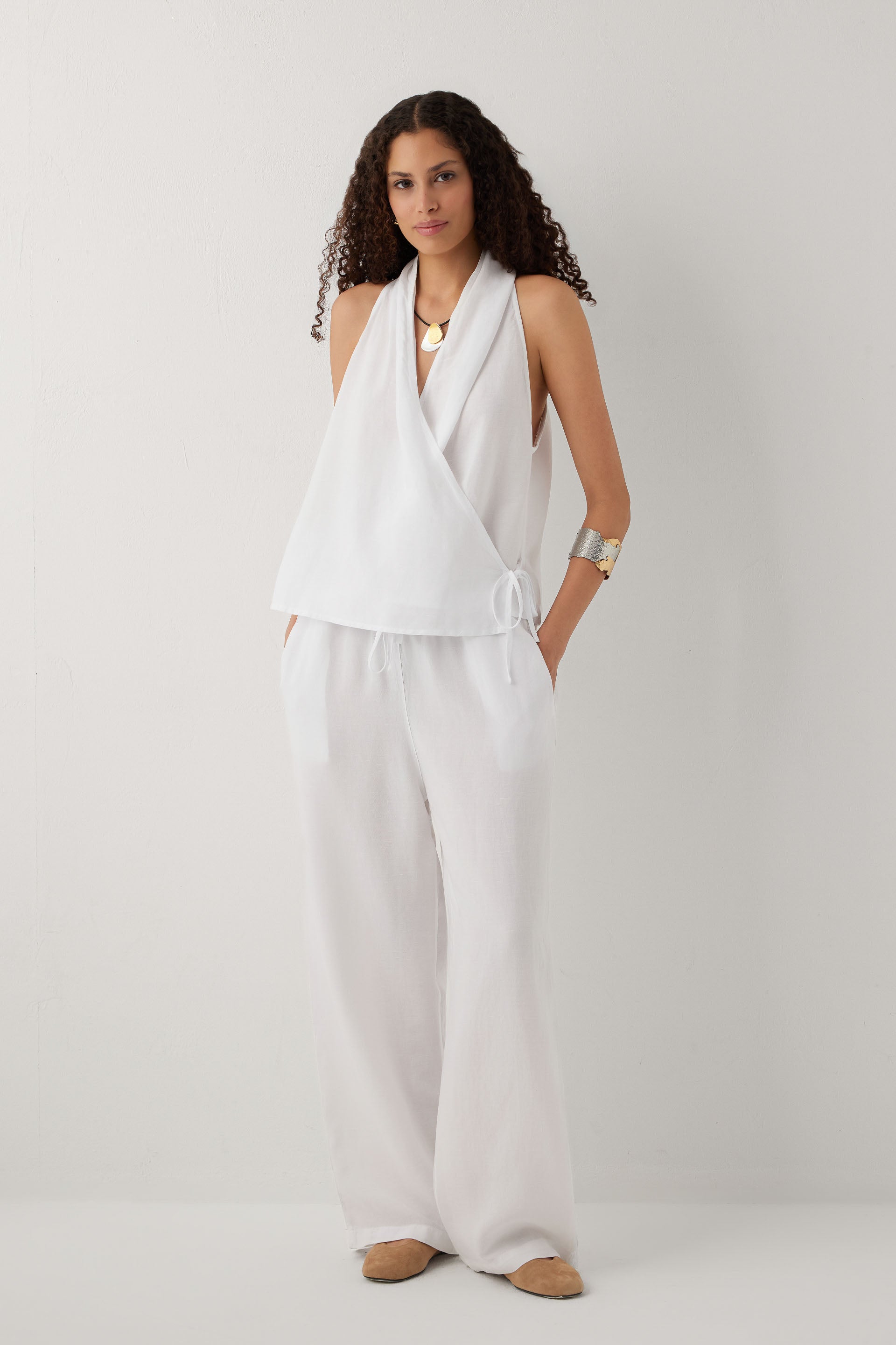 Linoflow Relax Keten Tencel Kadın Pantolon #renk_Beyaz