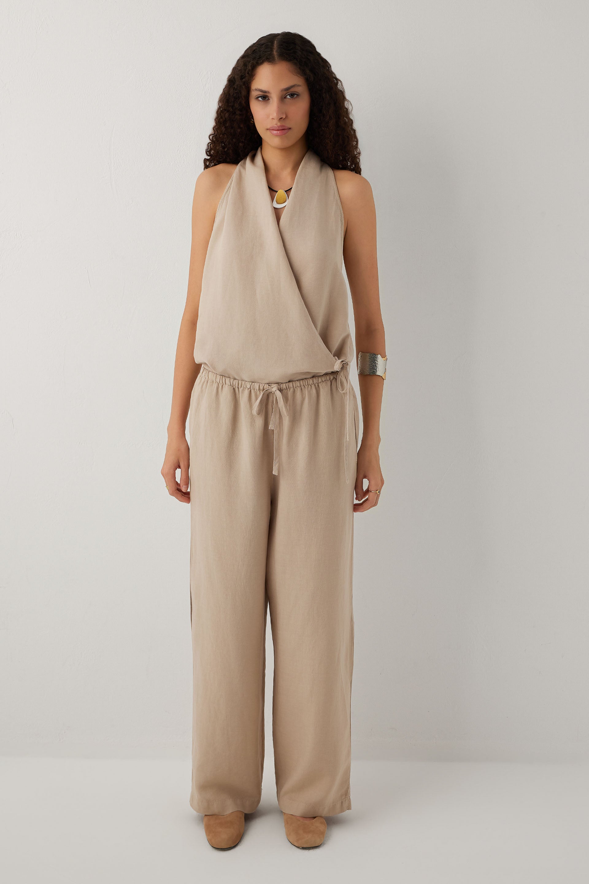 Linoflow Relax Keten Tencel Kadın Pantolon #renk_Vizon
