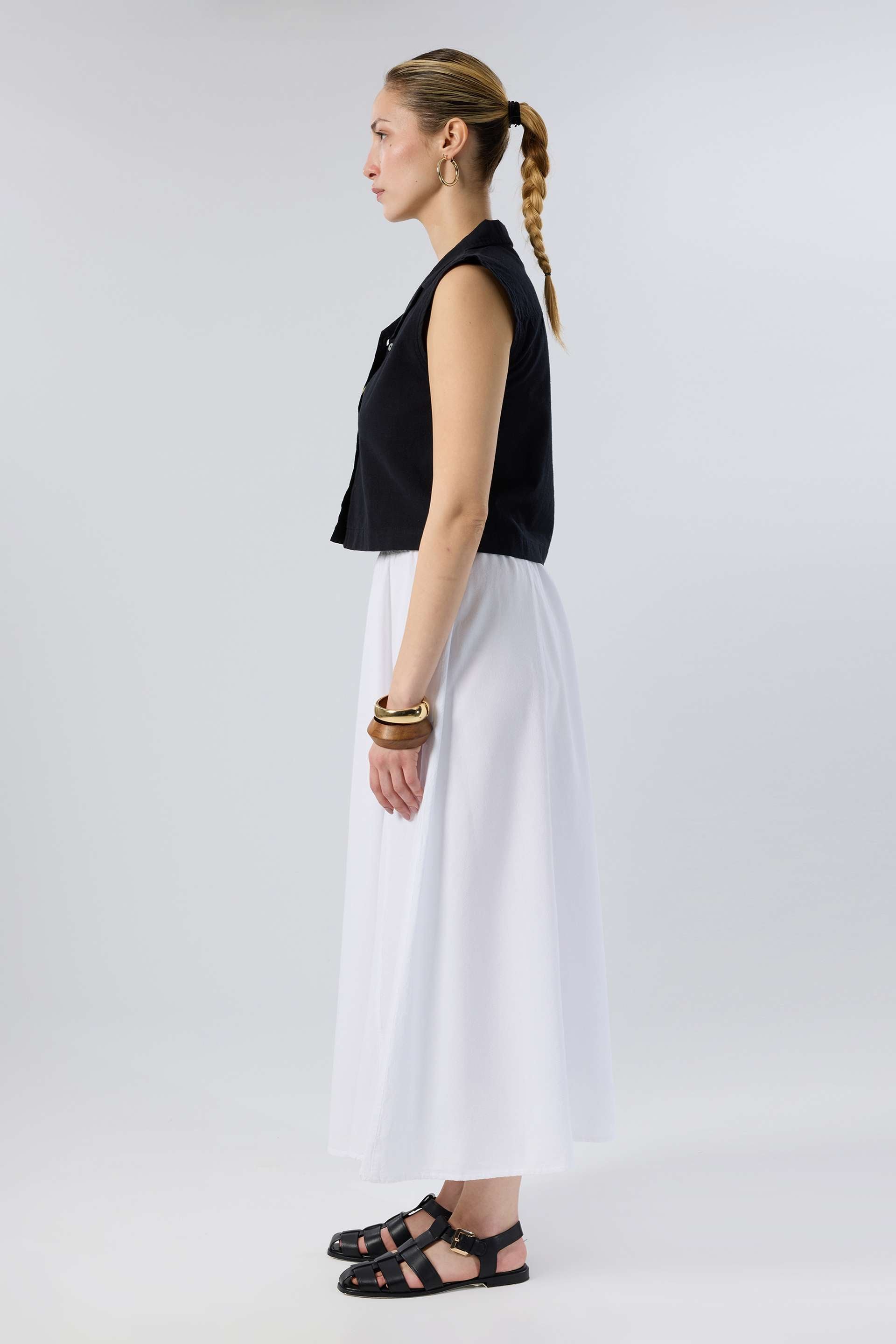 Viskon Keten Karışımlı Parçalı Uzun Çan Etek #renk_Beyaz