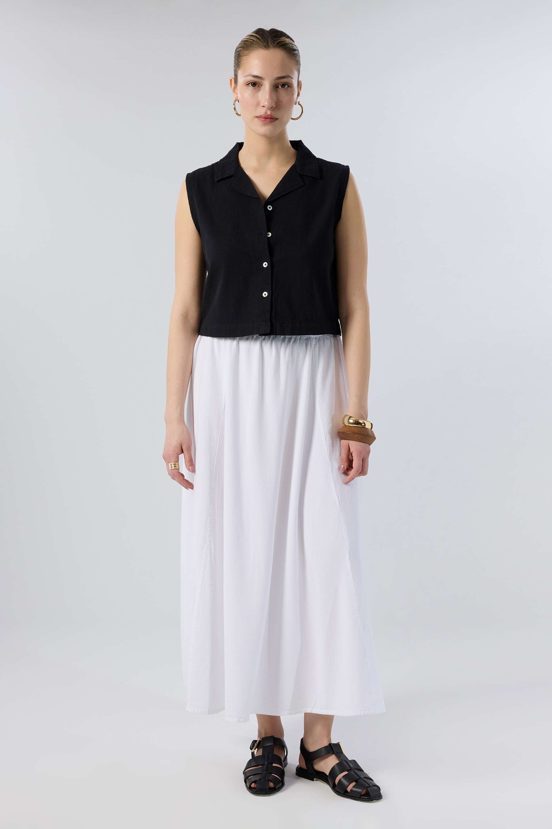 Viskon Keten Karışımlı Parçalı Uzun Çan Etek #renk_Beyaz