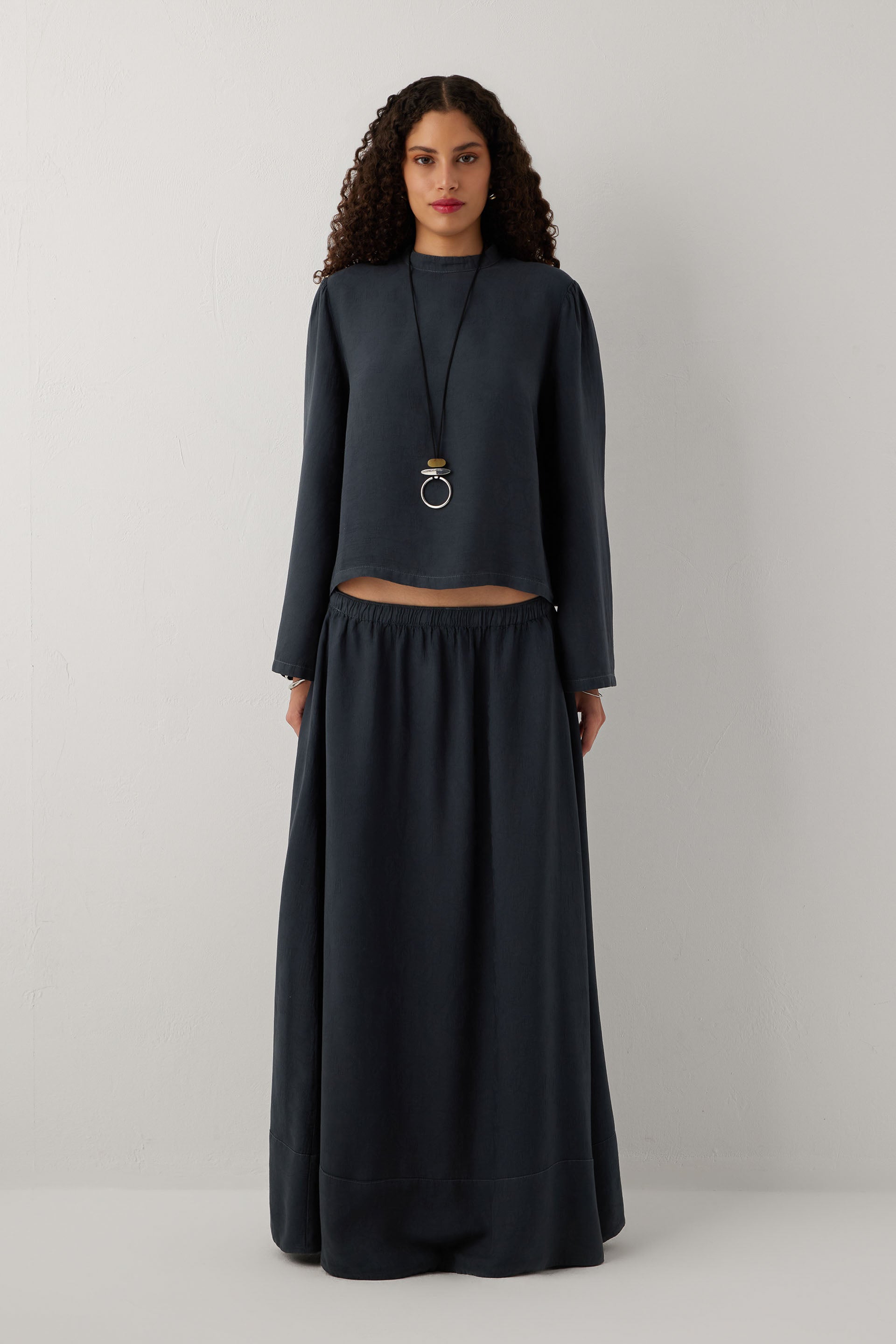 Woven Flora Dokulu Jakar Tensel Çan Kadın Maxi Etek #renk_Antrasit