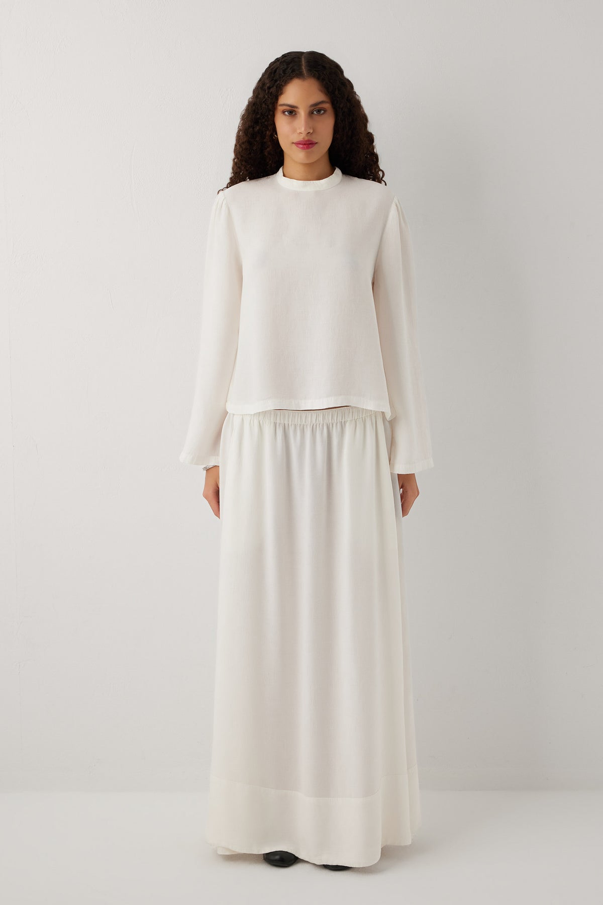 Woven Flora Dokulu Jakar Tensel Çan Kadın Maxi Etek #renk_Beyaz