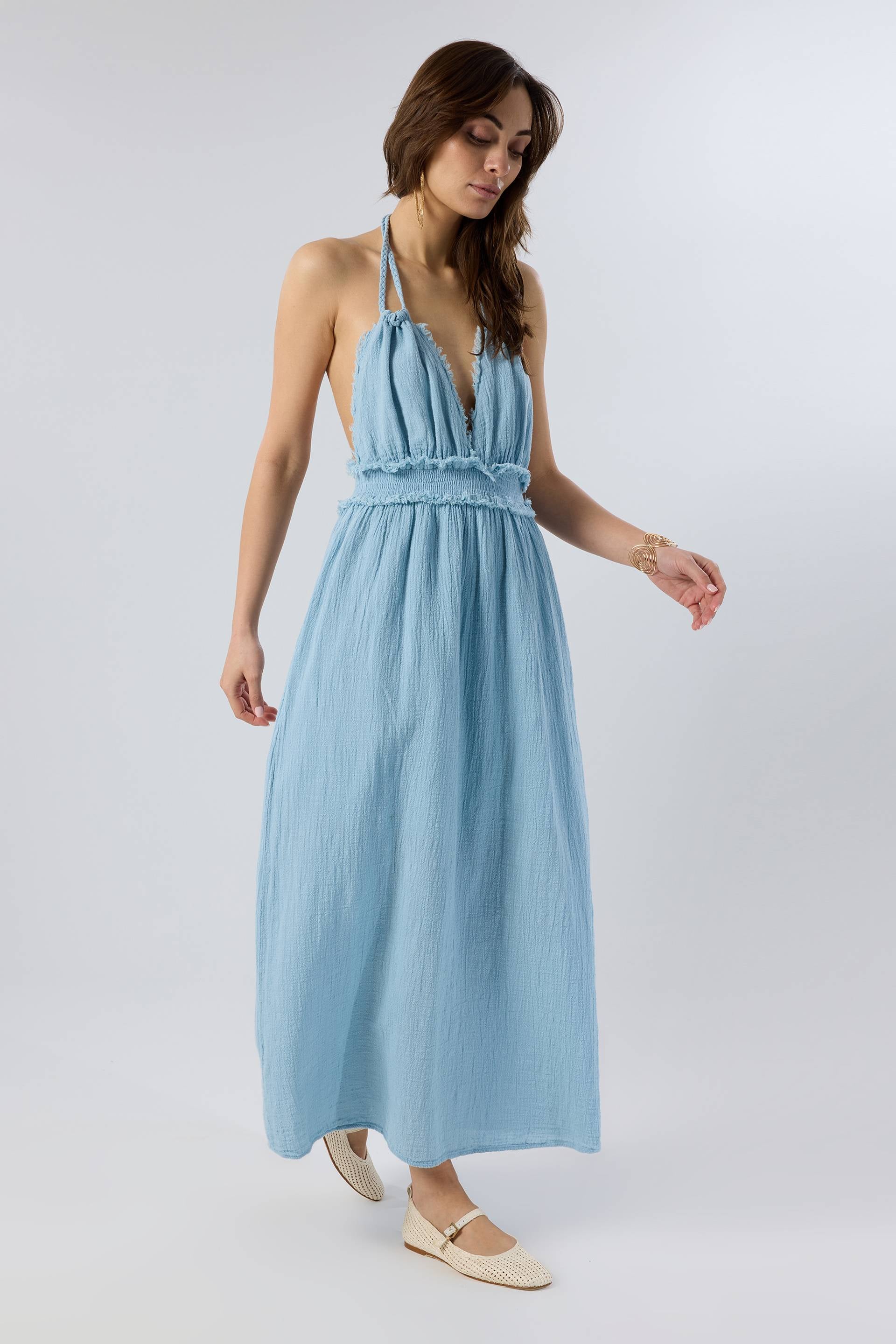 Boyundan Bağcıklı Sırtı Açık Uzun Elbise #renk_Sisli Mavi